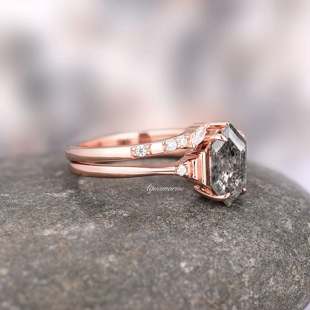 Galaxy Raw Salt & Pepper Diamond (Herkimer Diamond) Ring Set- 14K Rose Gold Vermeil - Image 5