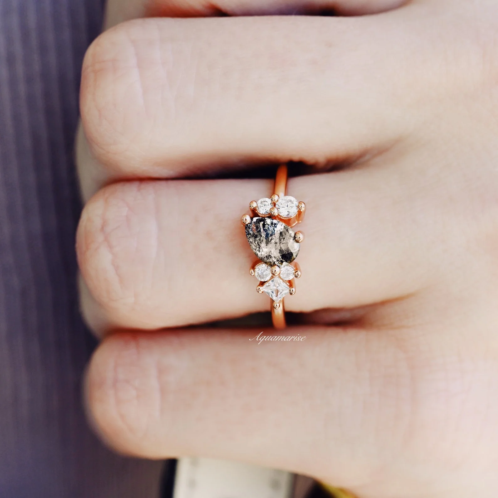 Natural Herkimer Diamond Cluster Engagement Ring in 14K Solid Rose Gold - Image 2