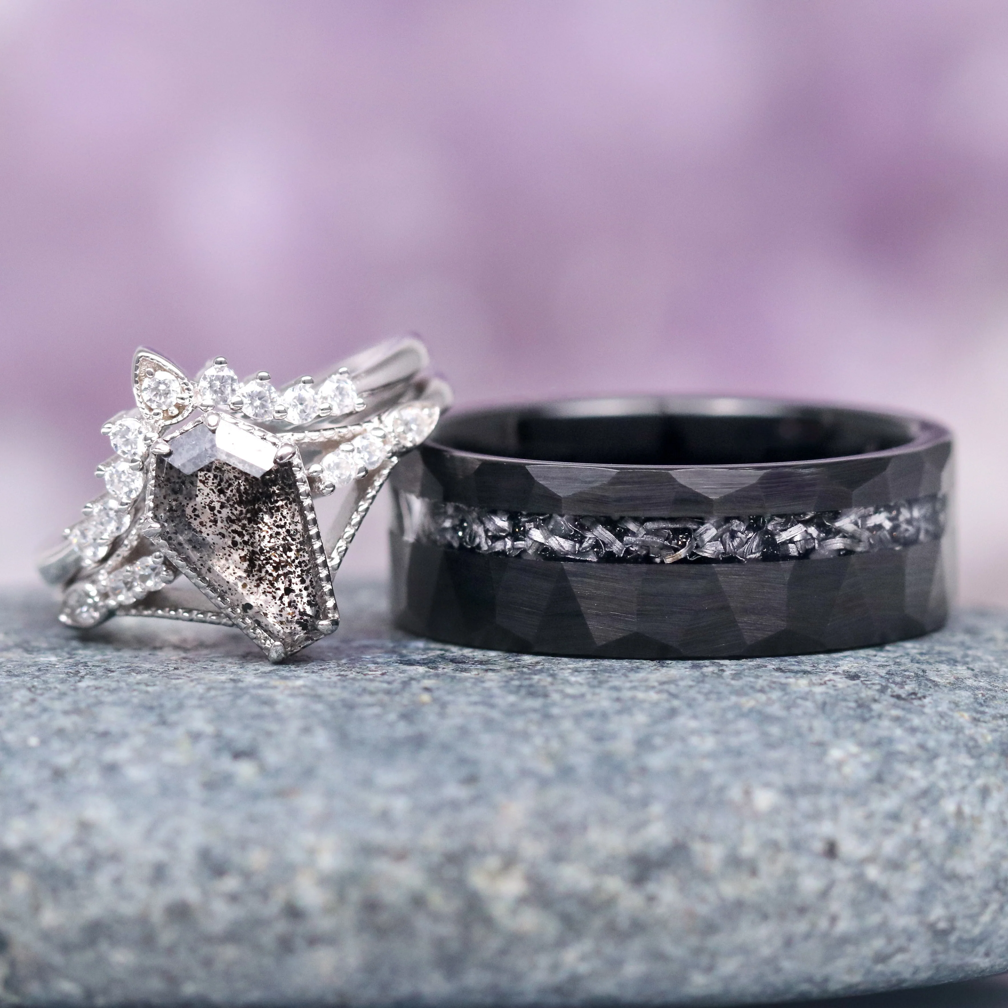 Galaxy Salt & Pepper (Herkimer) Diamond & Meteorite Couples Ring Set