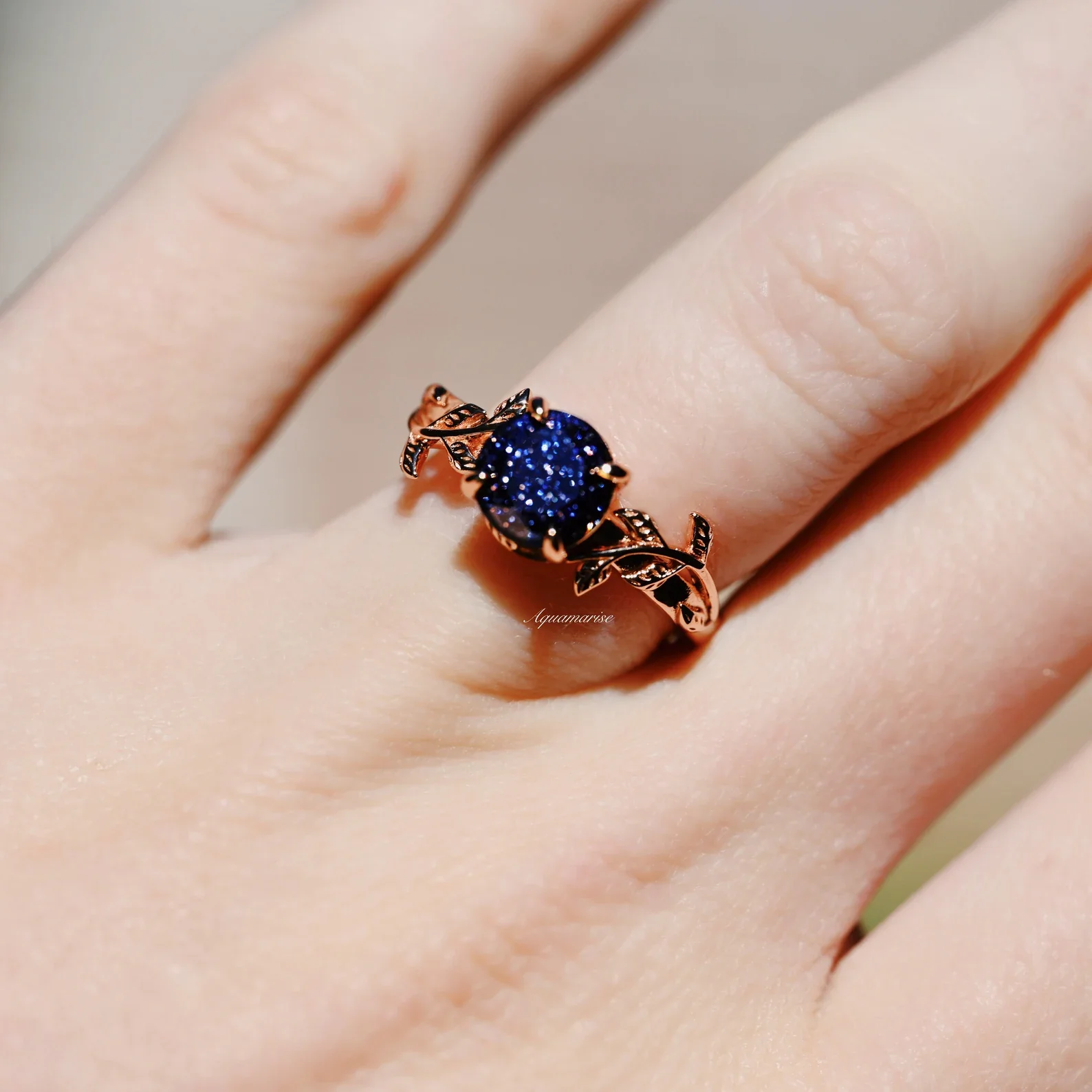 Galaxy Sandstone (Starry Night) Leaf Ring- 14K Rose Gold Vermeil - Image 5