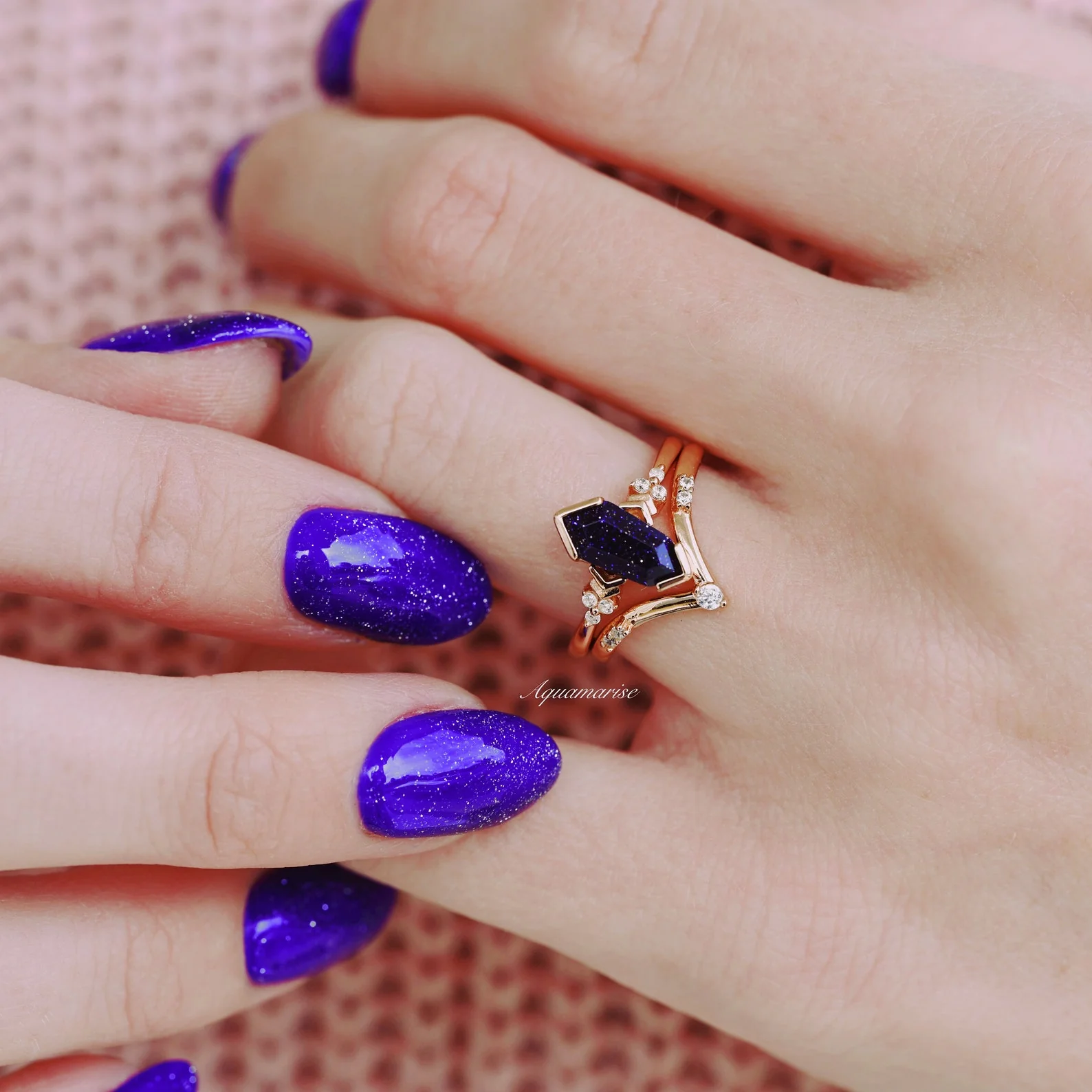 Galaxy Sandstone (Starry Night) Engagement Ring Set in 14K Solid Rose Gold - Image 2