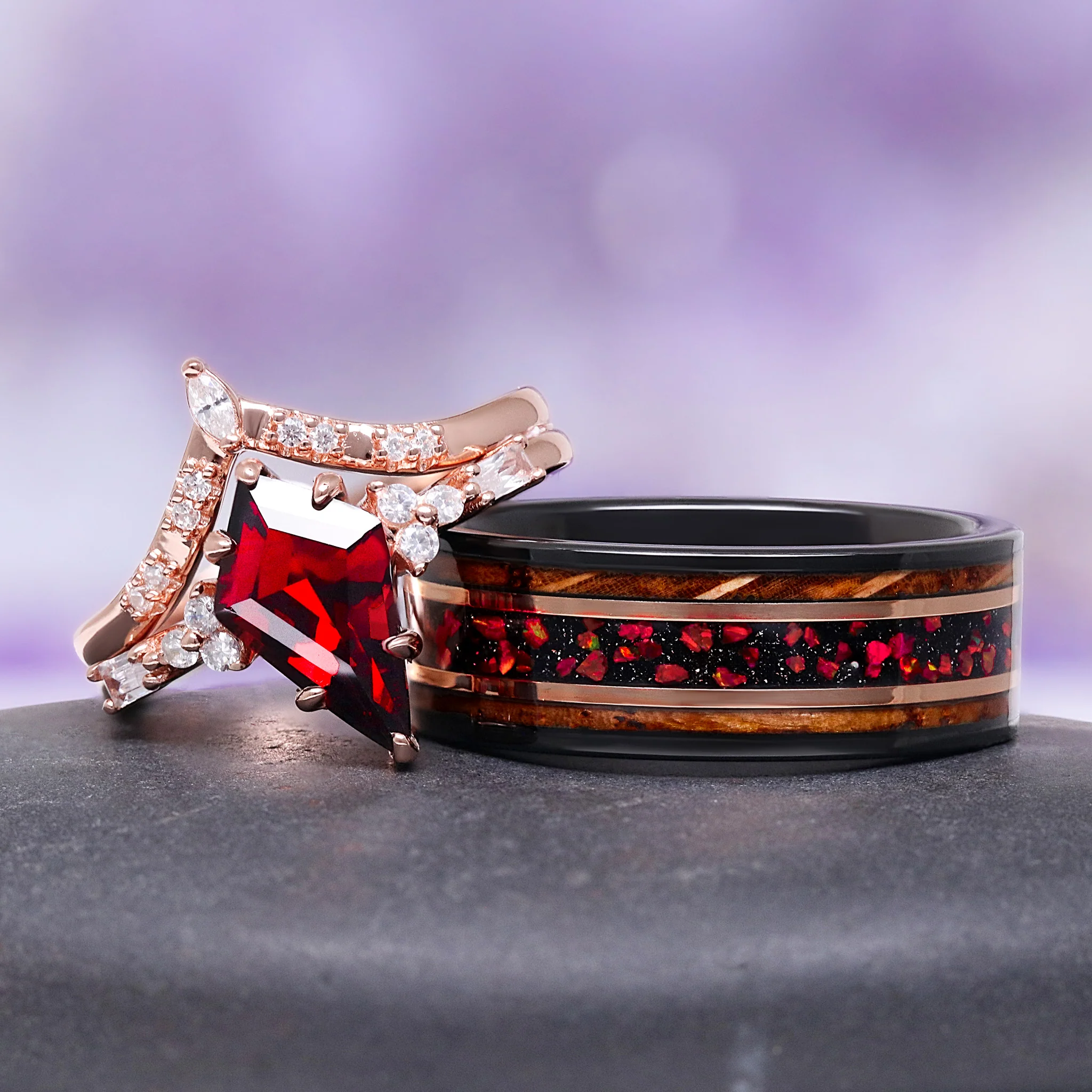 Red Fire Opal & Whiskey Barrel Wedding Band in Black/Rose Gold Tungsten Carbide (8mm) - Image 2