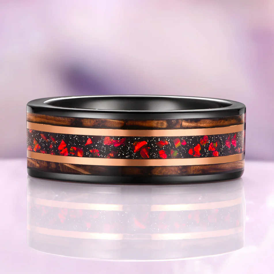 Red Fire Opal & Whiskey Barrel Wedding Band in Black/Rose Gold Tungsten Carbide (8mm) - Image 3