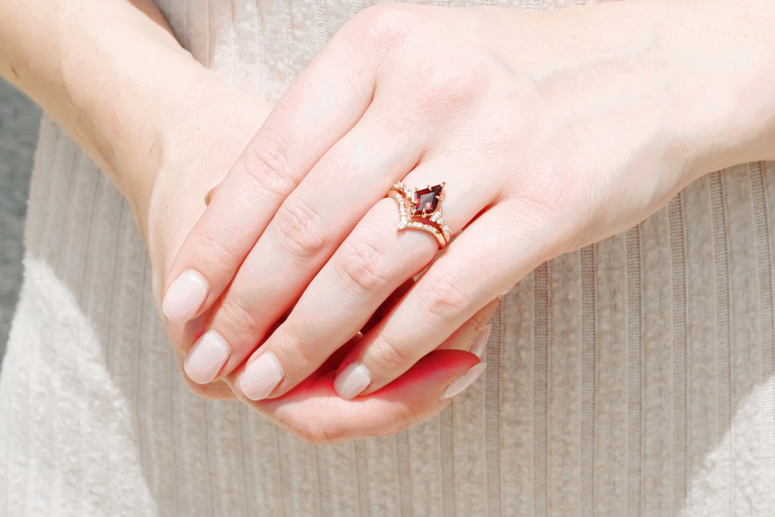 Garnet & Red Fire Opal Whiskey Barrel Couples Ring Set - Image 4