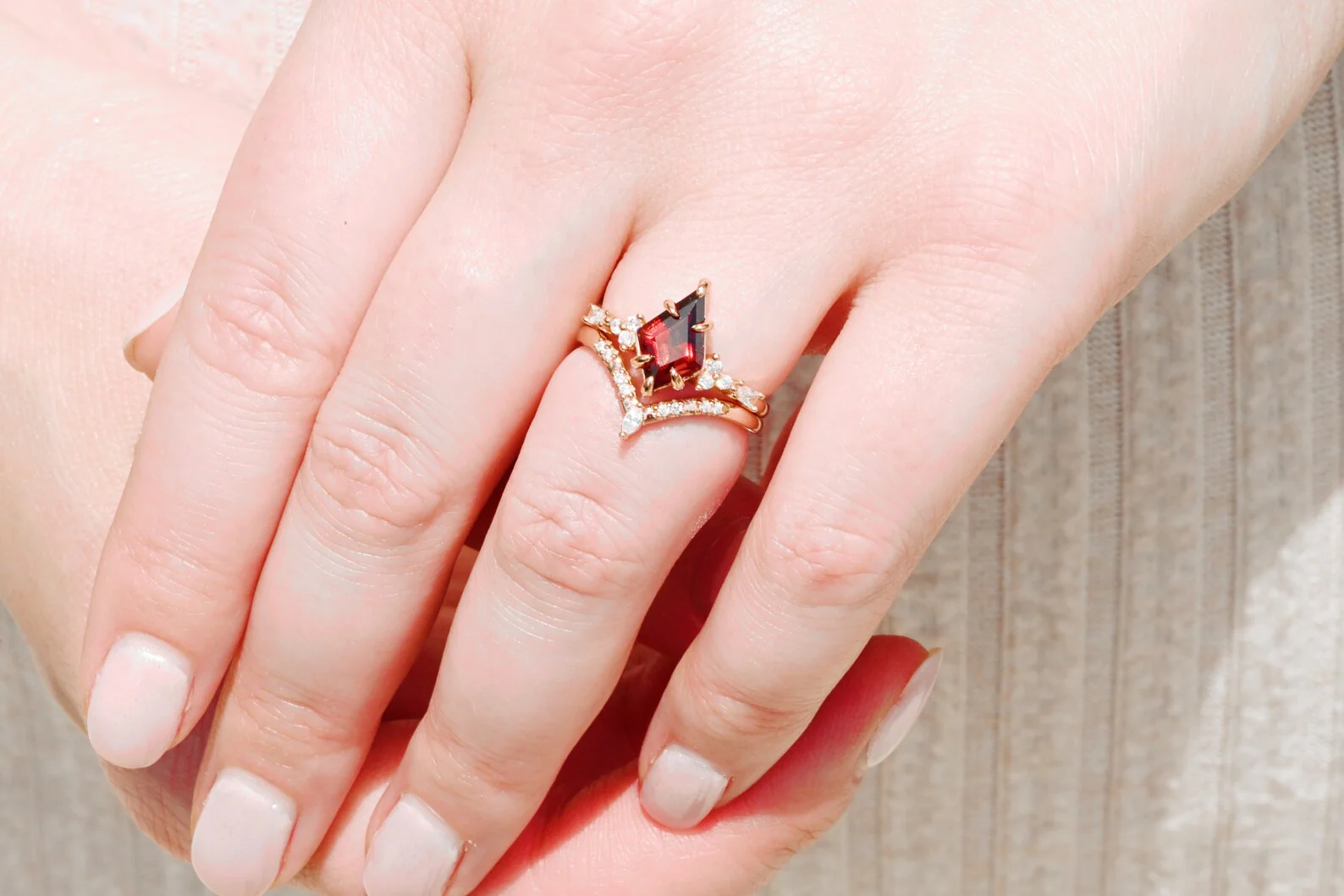 Garnet & Red Fire Opal Whiskey Barrel Couples Ring Set - Image 6