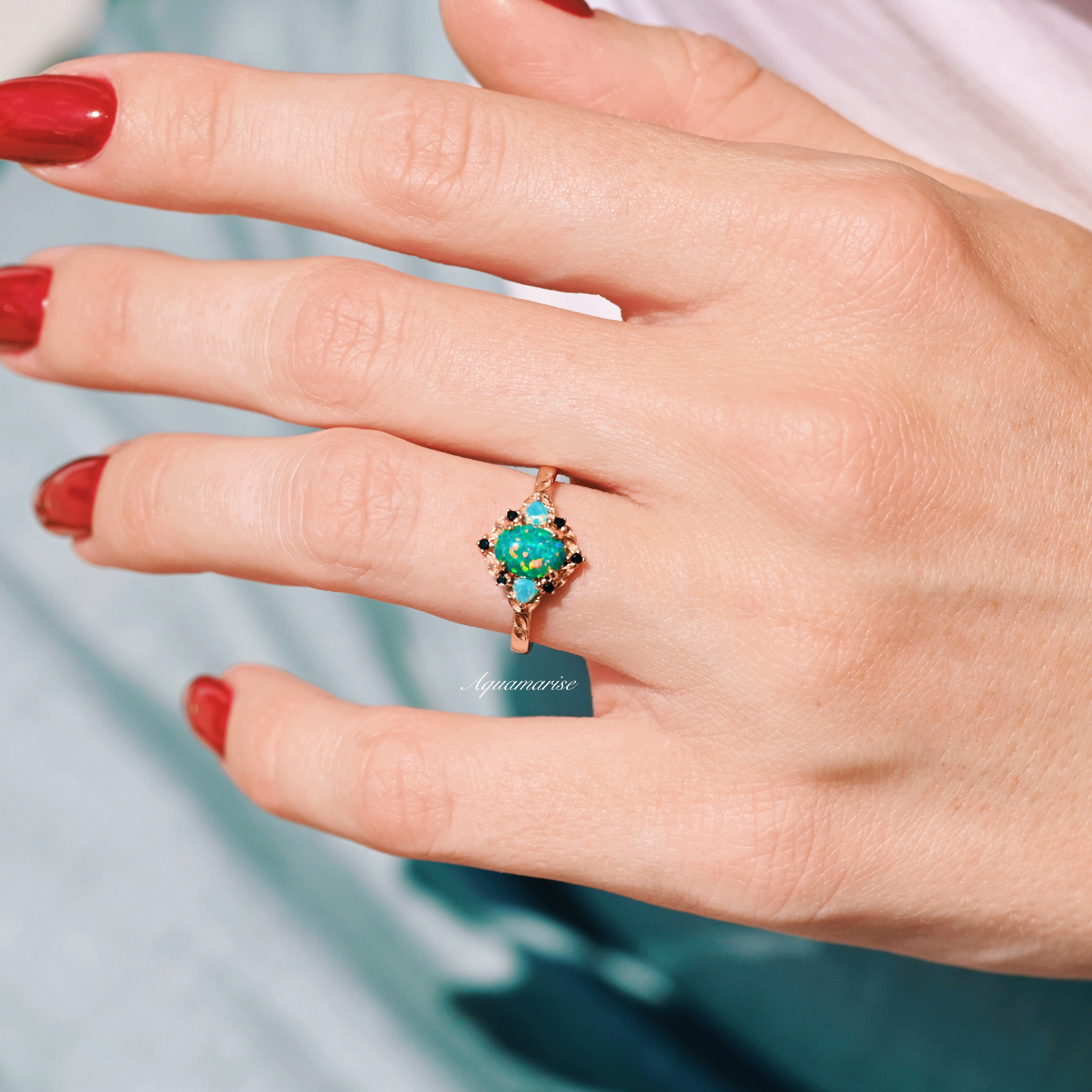Eldoria Green Fire Opal & Rose Gold Couples Ring Set - Image 3