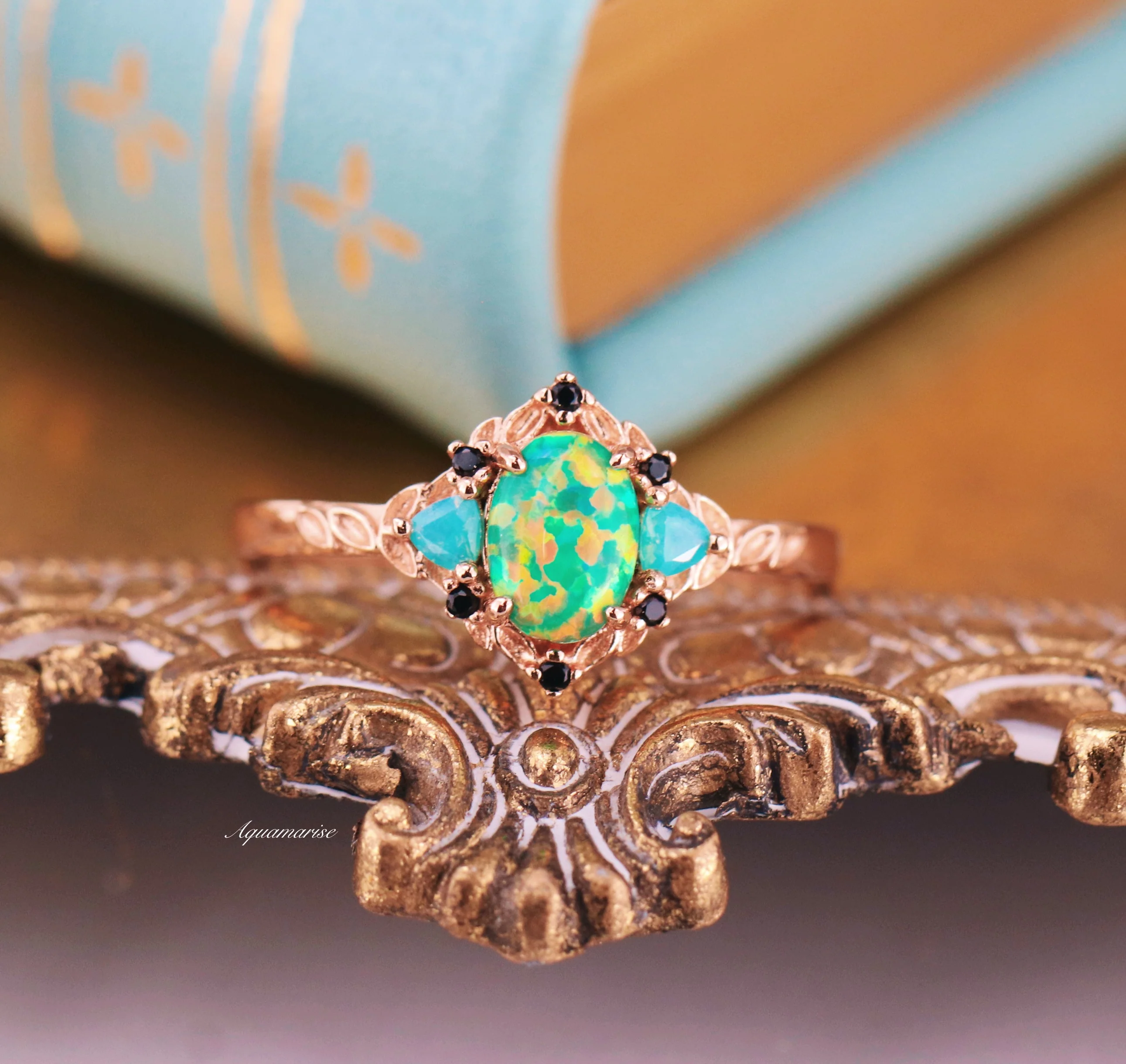 Eldoria Green Fire Opal & Rose Gold Couples Ring Set - Image 6