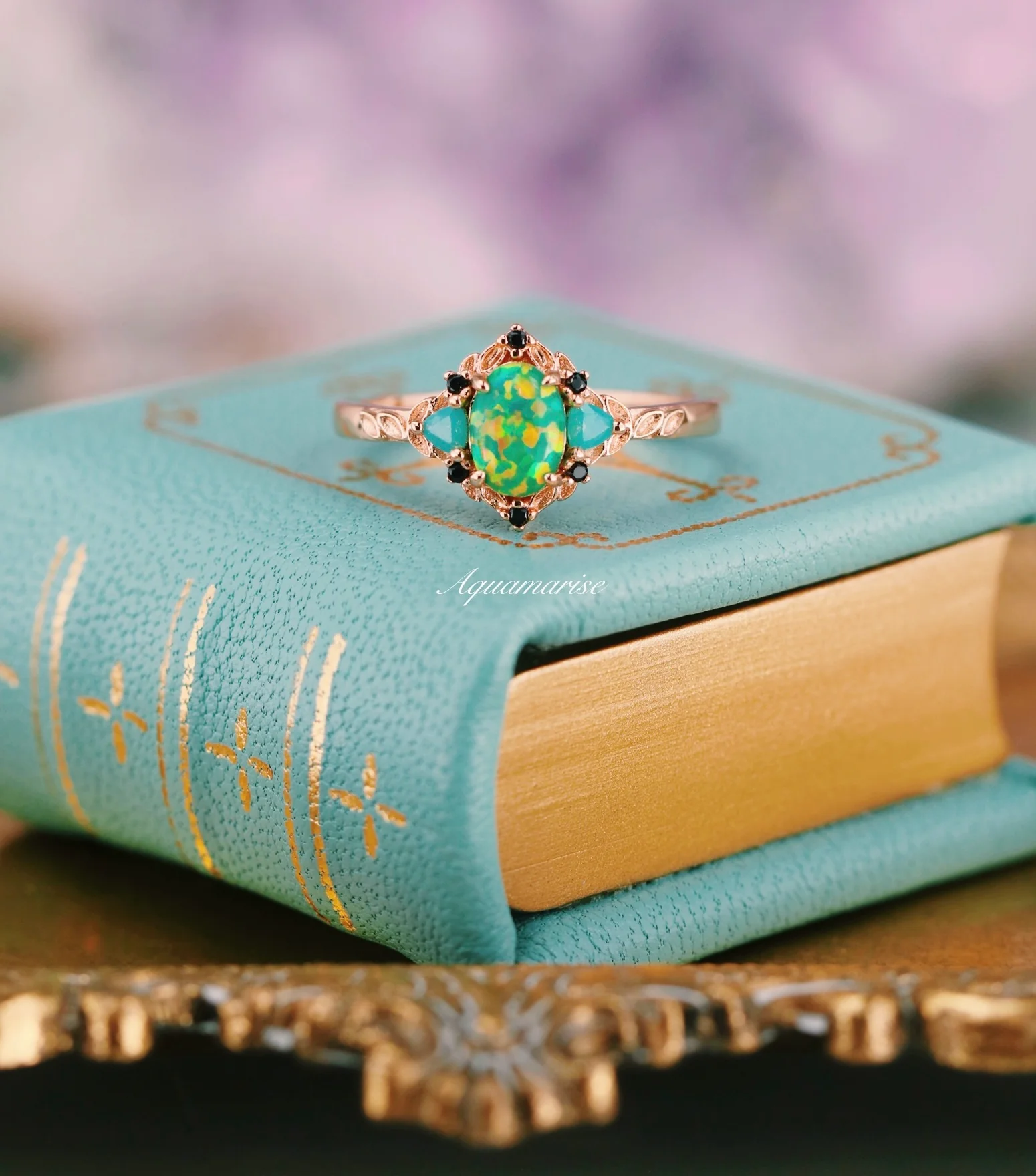 Green Fire Opal Leaf Engagement Ring in 14K Rose Gold Vermeil - Image 7