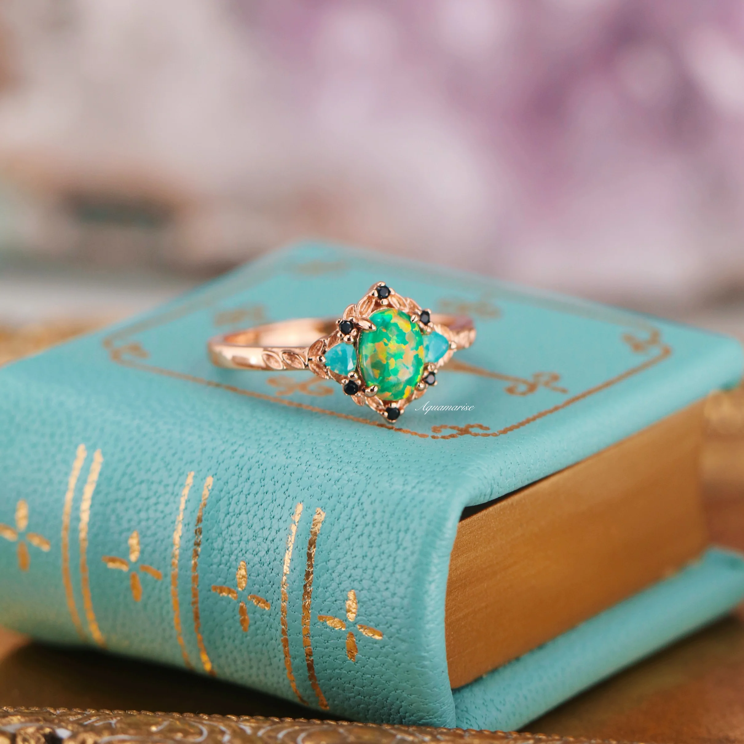Eldoria Green Fire Opal & Rose Gold Couples Ring Set - Image 7