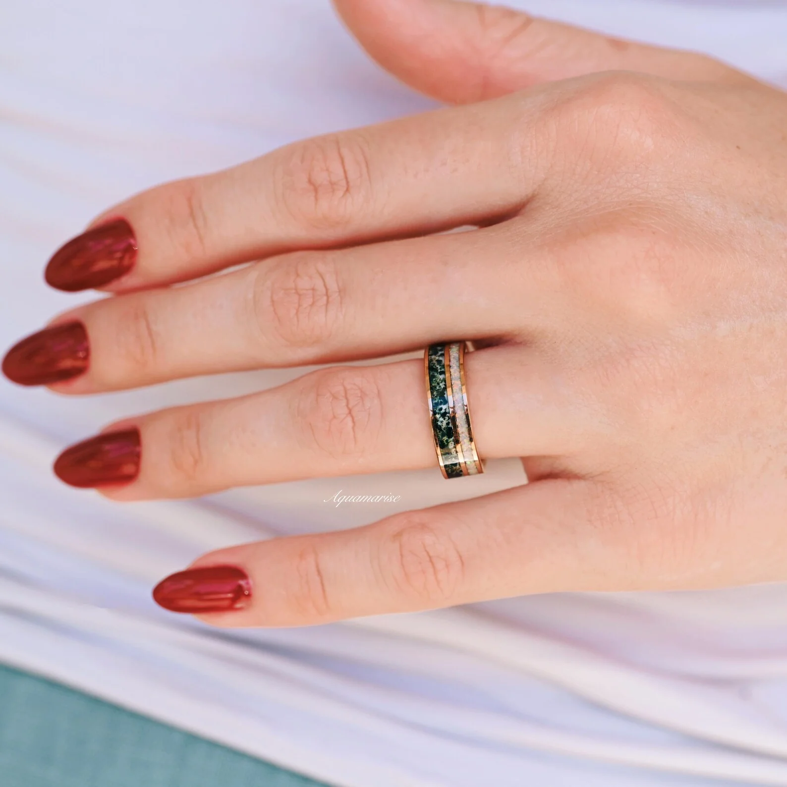 Moss Agate & Fire Opal Couples Ring Set - Image 2