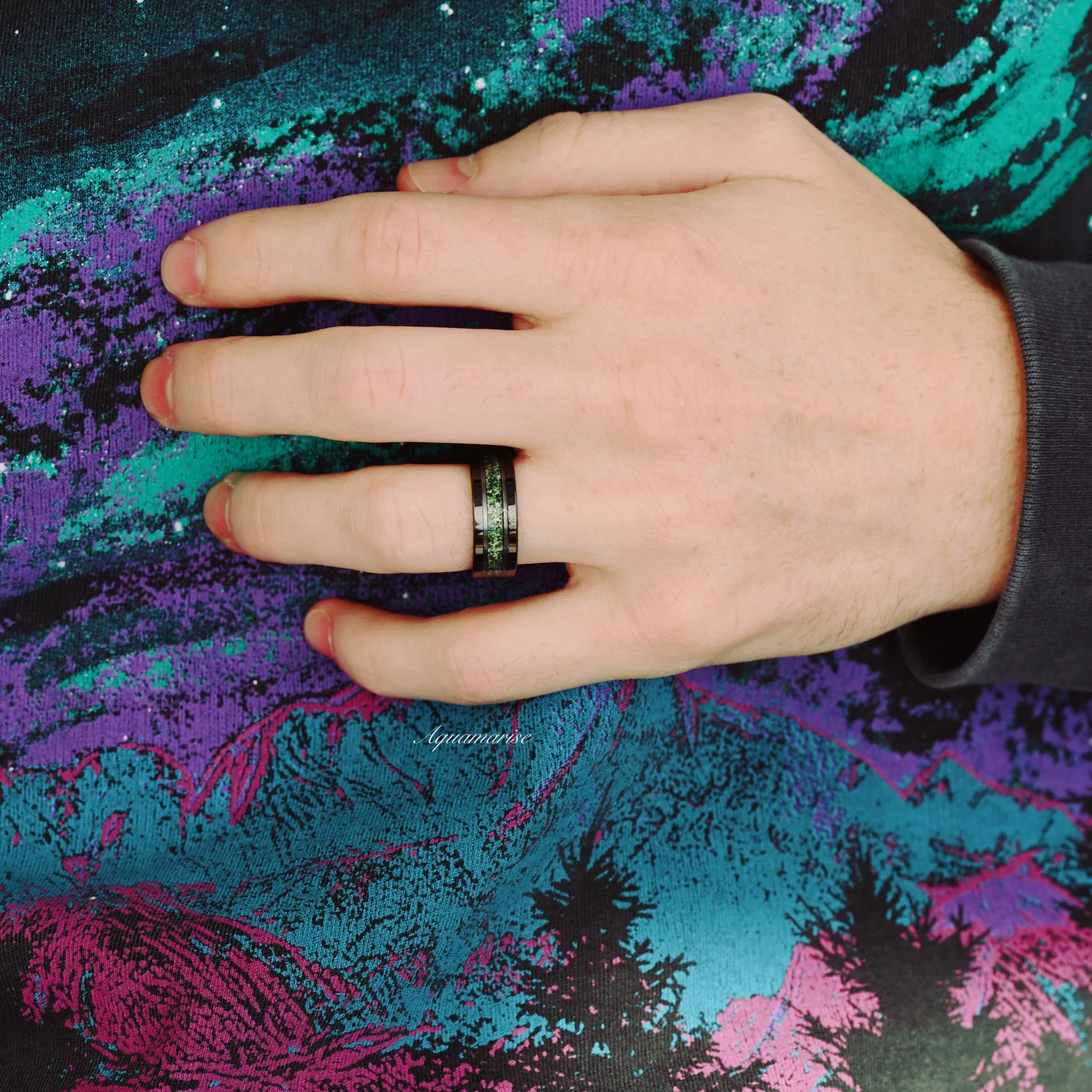 Hexagon Coffin Green Moss Agate Couples Ring Set - Image 6