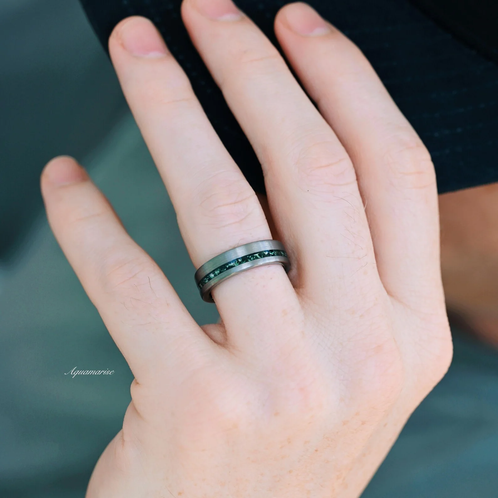 Green Moss Agate & Crescent Moon Couples Ring Set - Image 5