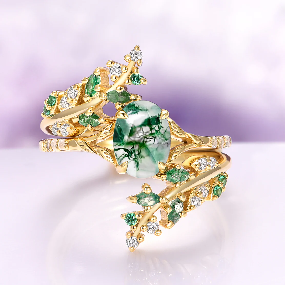 Green Moss Agate & Emerald Leaf Ring Set in 14K Yellow Gold Vermeil