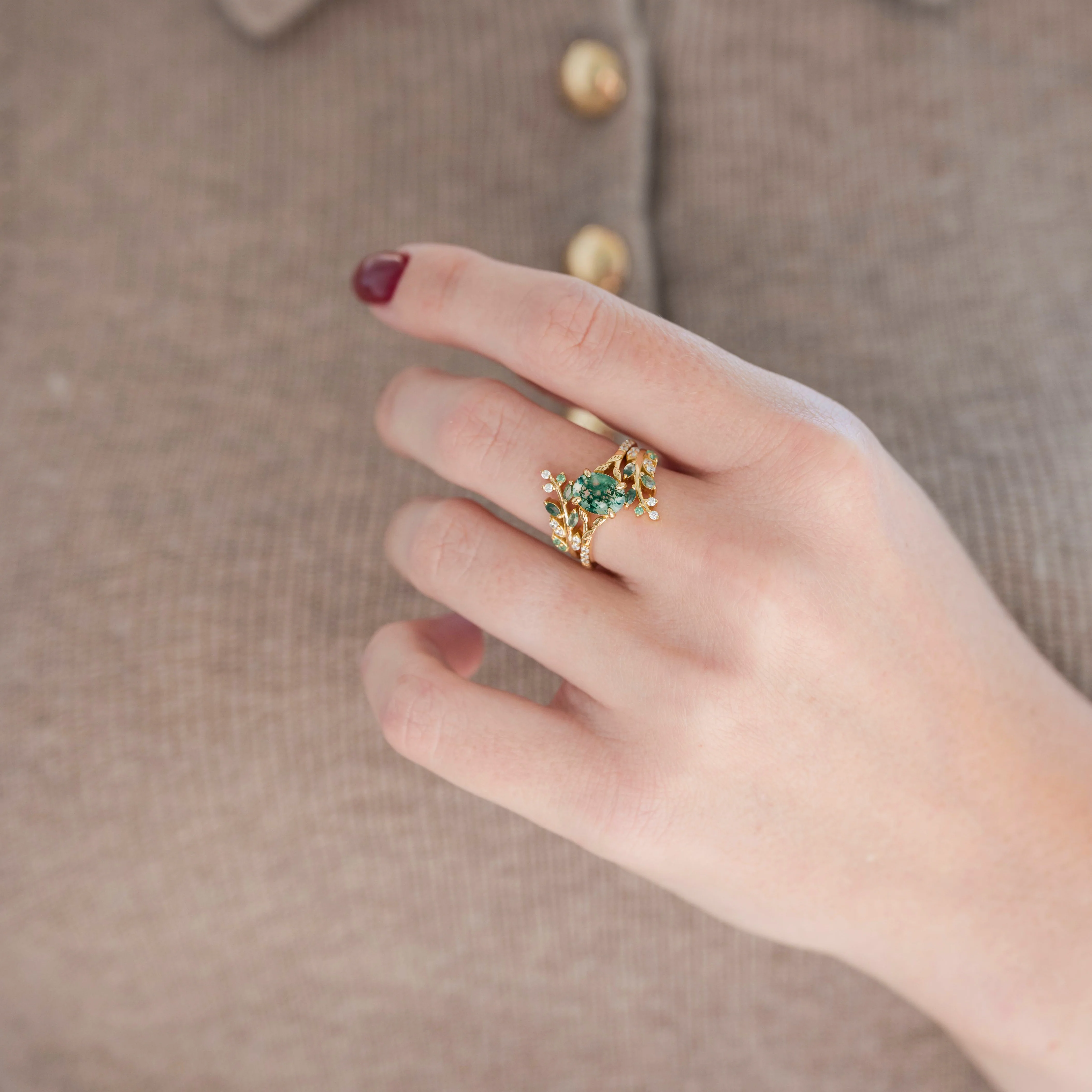 Green Moss Agate & Emerald Leaf Ring Set in 14K Yellow Gold Vermeil - Image 4