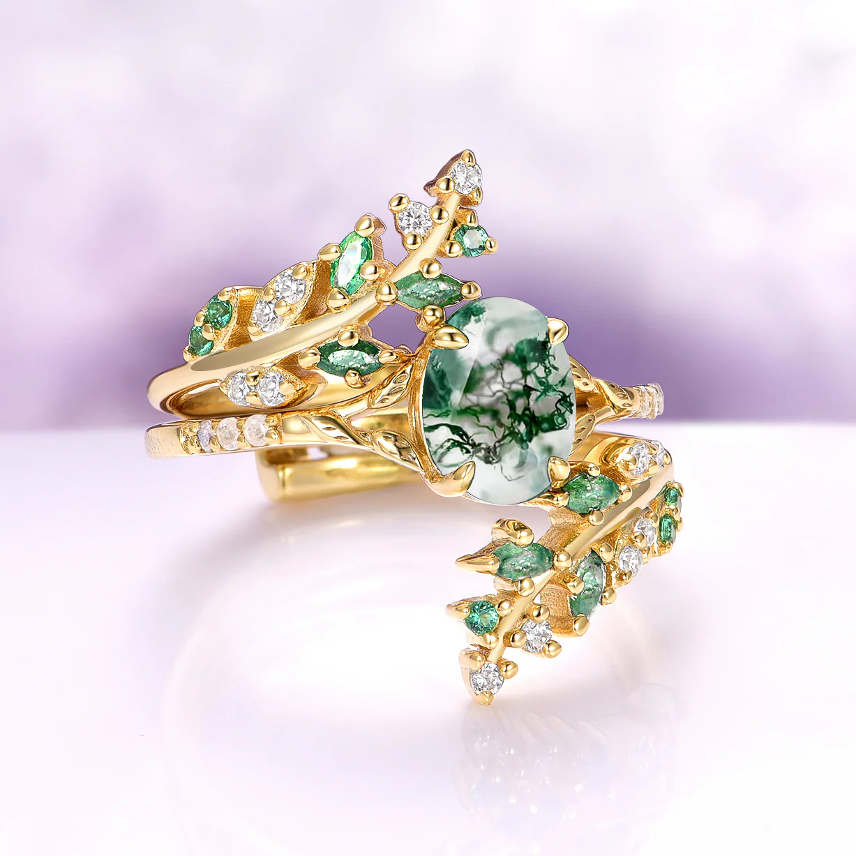 Green Moss Agate & Emerald Leaf Ring Set in 14K Yellow Gold Vermeil - Image 5