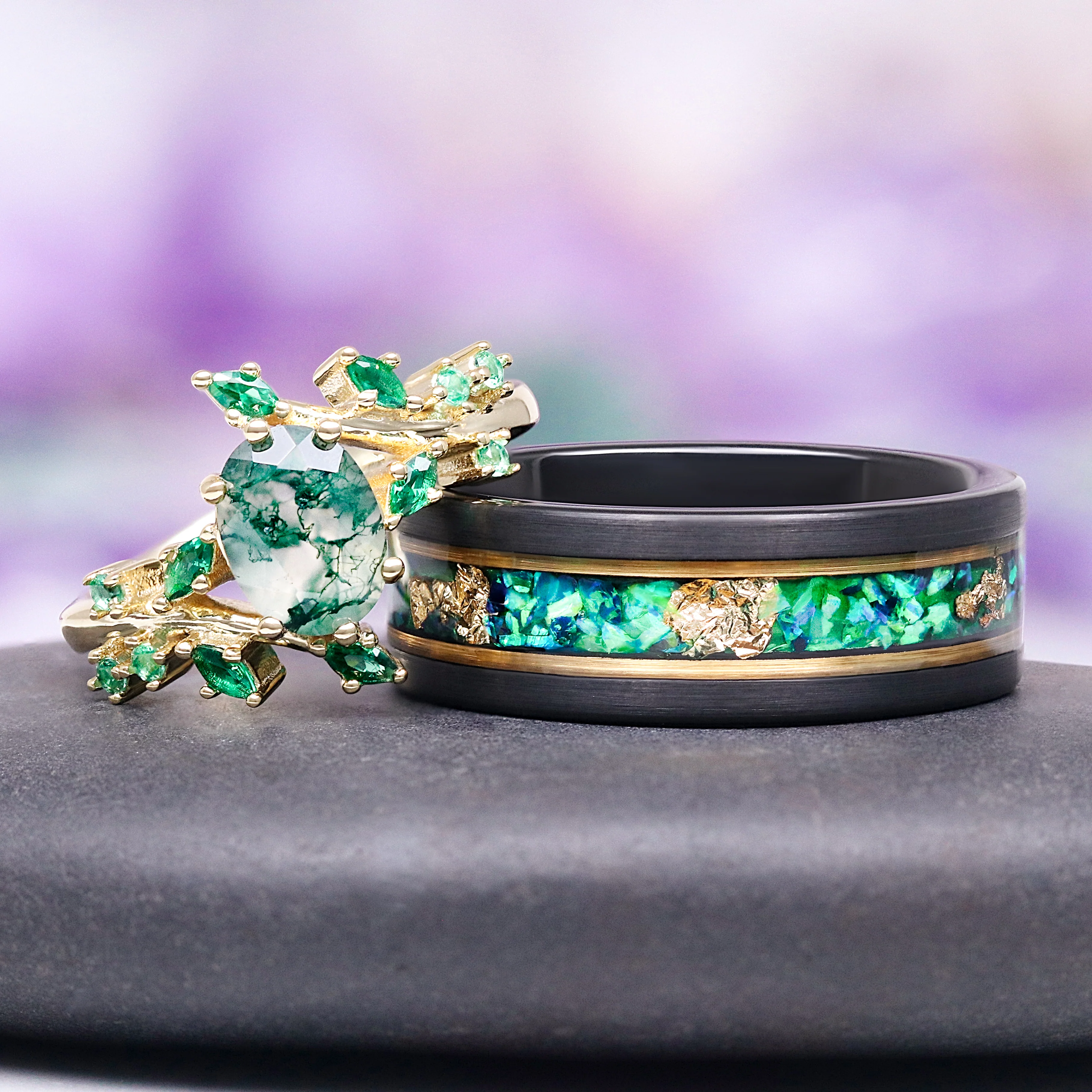 Green Moss Agate & Emerald Leaf Engagement Ring in 14K Solid Yellow Gold - Image 2