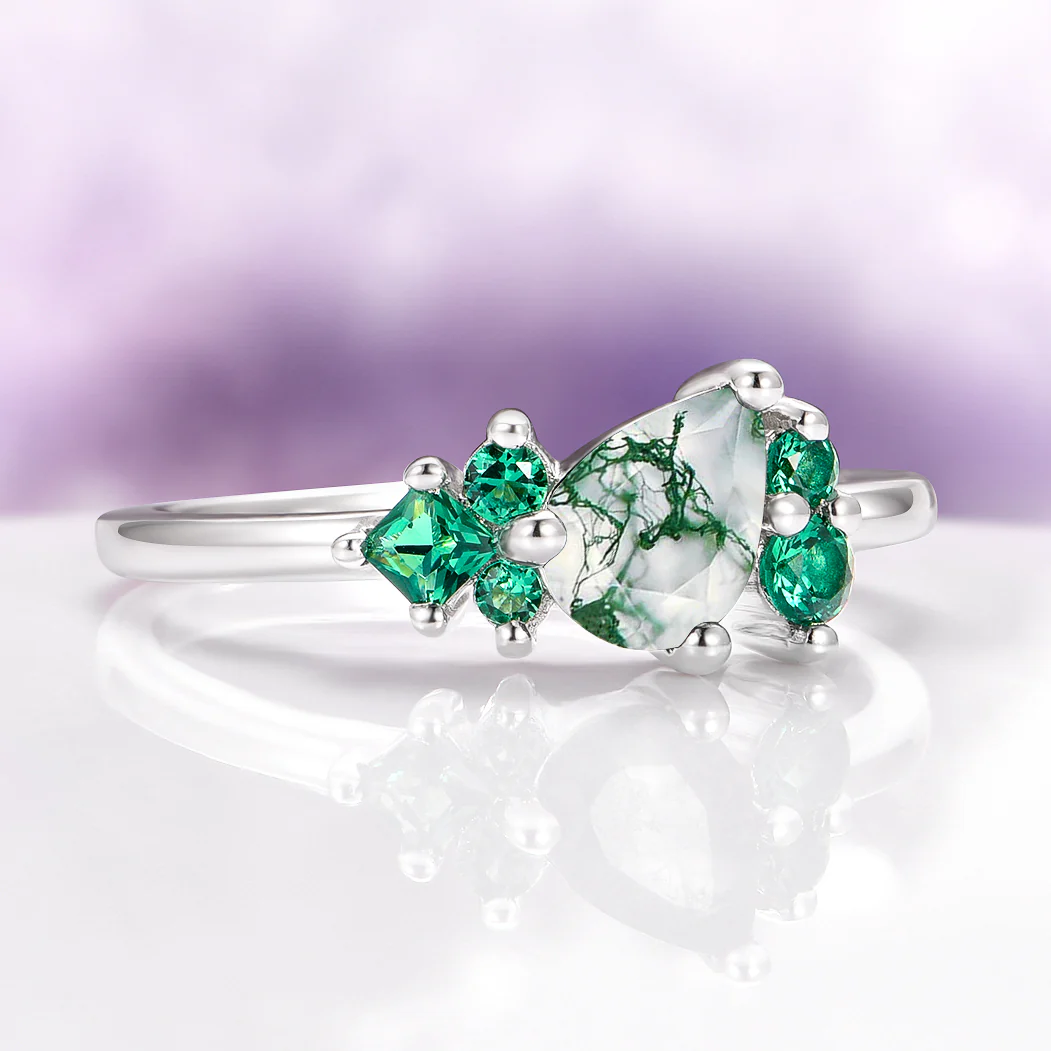 Moss Agate and Lab Emerald Cluster Engagement Ring in 14K White Gold - Image 4