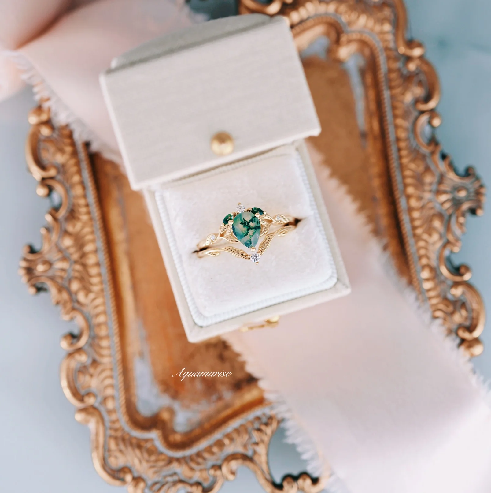 Green Moss Agate Leaf Engagement Ring Set in 14K Solid Yellow Gold - Image 4
