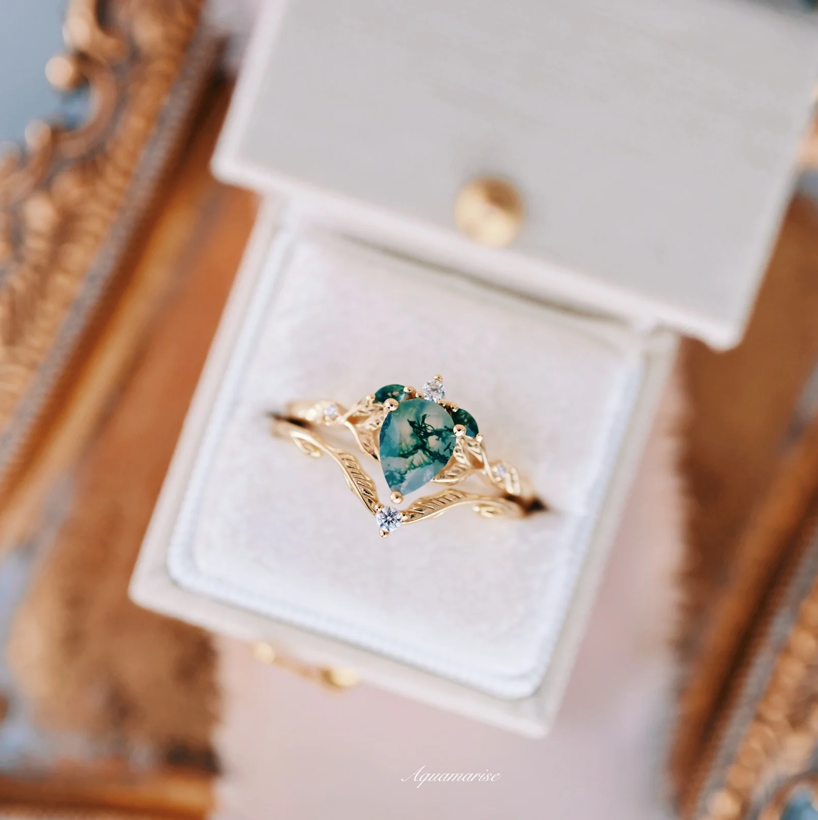 Green Moss Agate Leaf Engagement Ring Set in 14K Solid Yellow Gold - Image 6