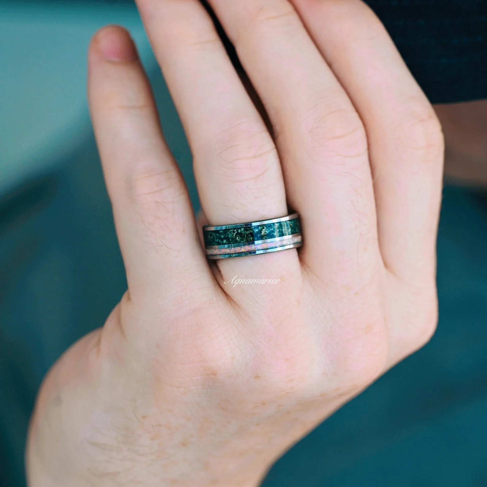 Moss Agate & Fire Opal Wedding Band- 8MM Tungsten - Image 3