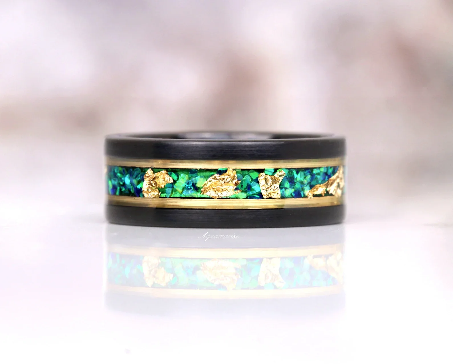 Green Moss Agate & Fire Opal & Gold Leaf Couples Ring Set - Image 12