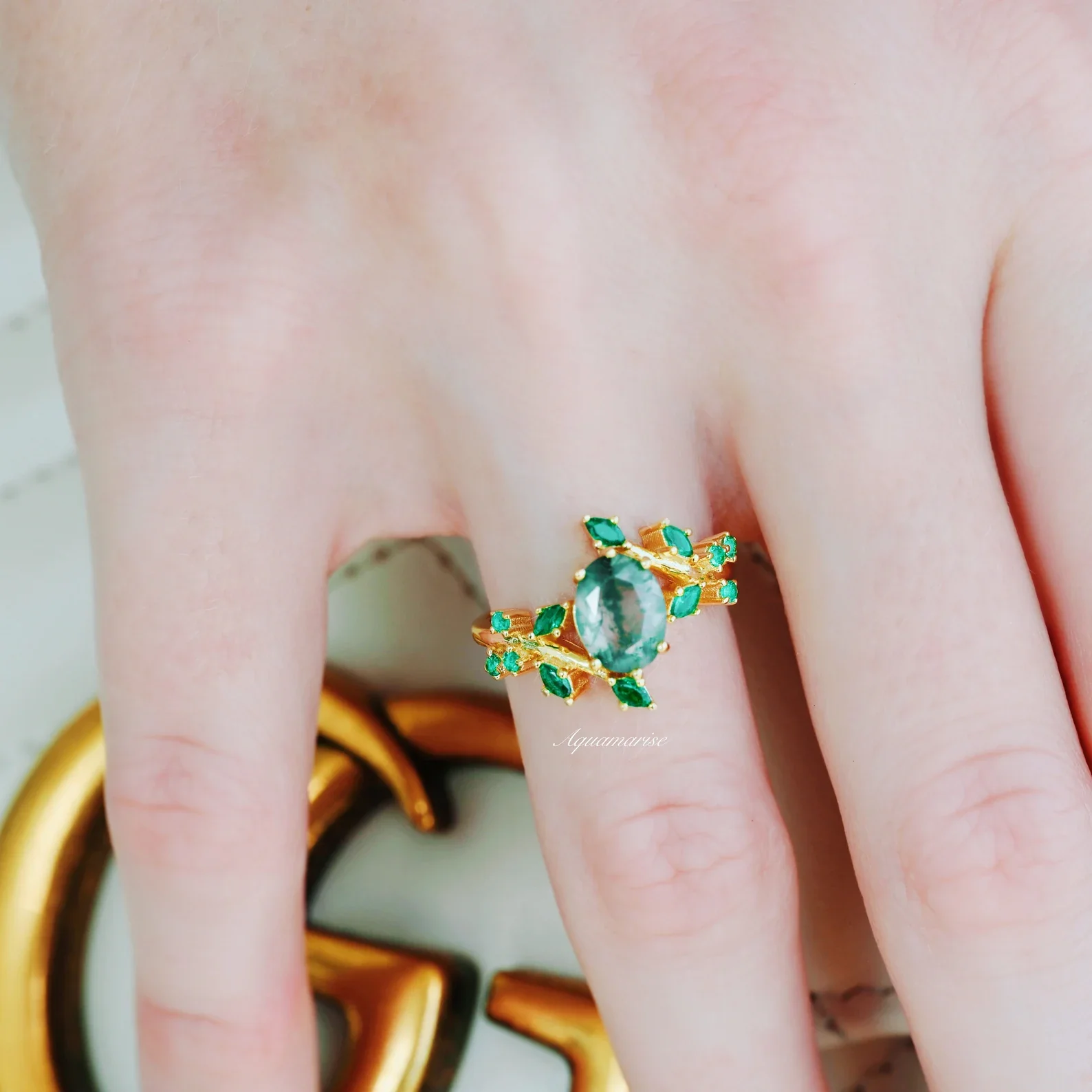 Green Moss Agate & Fire Opal & Gold Leaf Couples Ring Set - Image 8