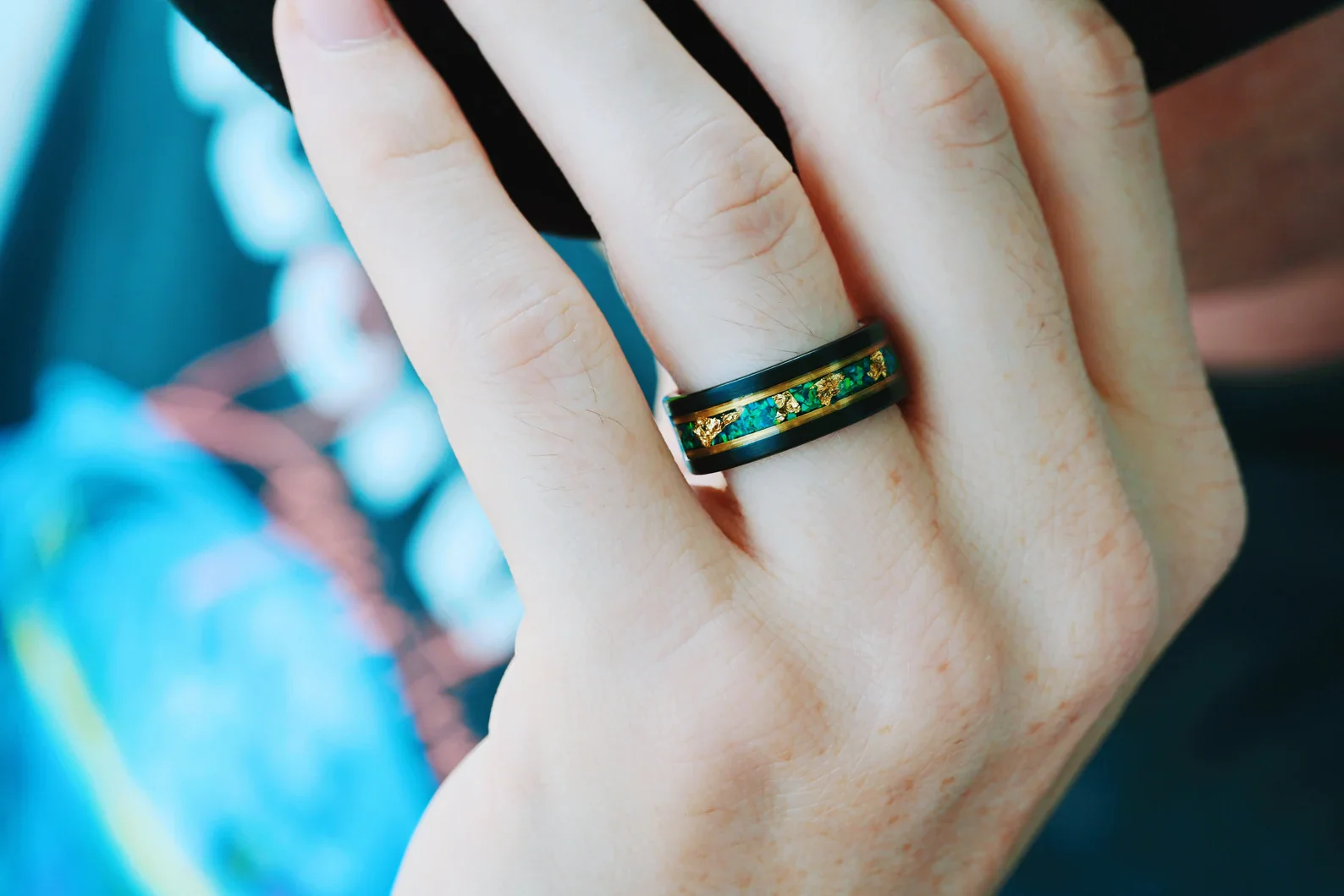 Green Moss Agate & Fire Opal & Gold Leaf Couples Ring Set - Image 9
