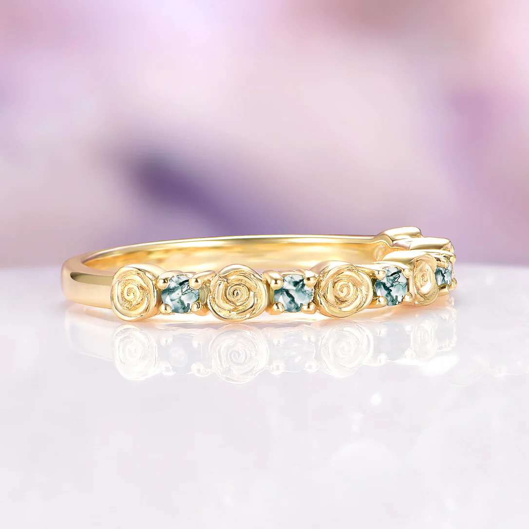 Green Moss Agate Flower Wedding Band in Solid 14K Yellow Gold - Image 2