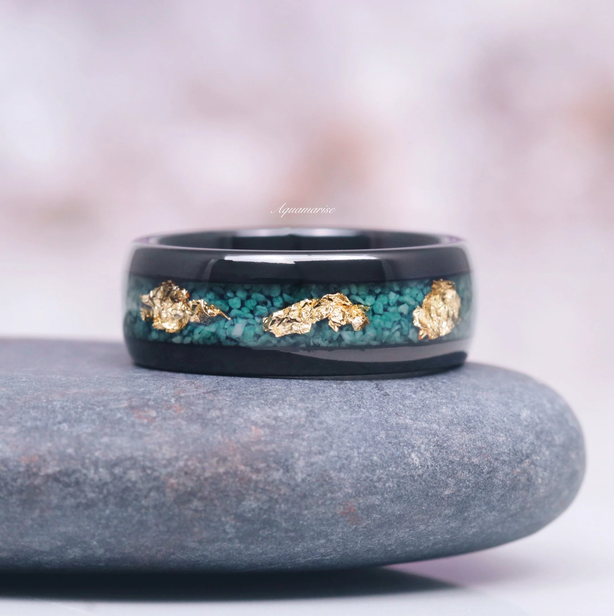 Green Moss Agate & Gold Leaf Couples Ring Set - Image 4