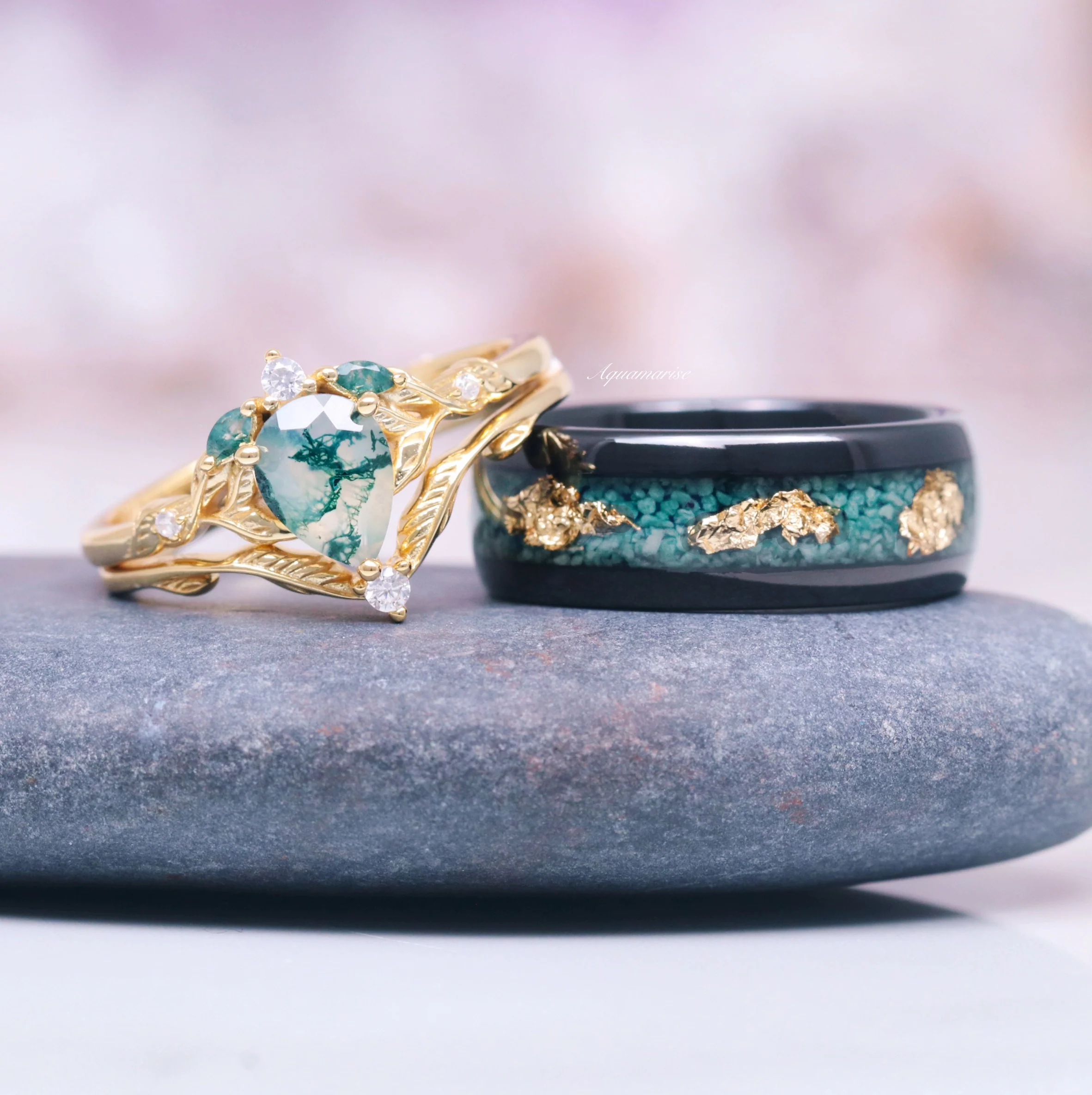 Moss Agate & Gold Leaf Wedding Band- 8MM Black Tungsten - Image 3