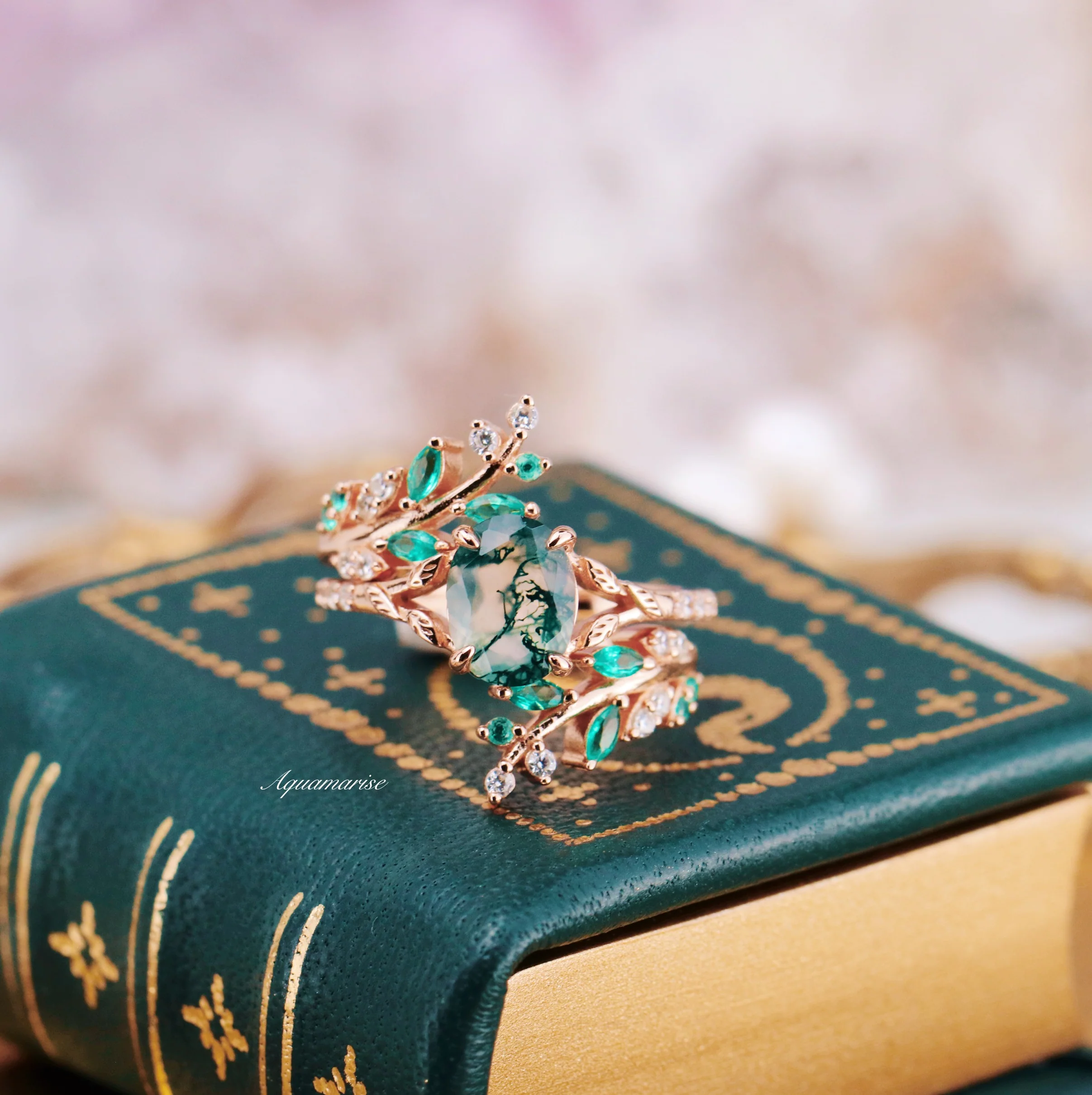 Green Moss Agate Leaf Engagement Ring in 14K Solid Rose Gold - Image 10