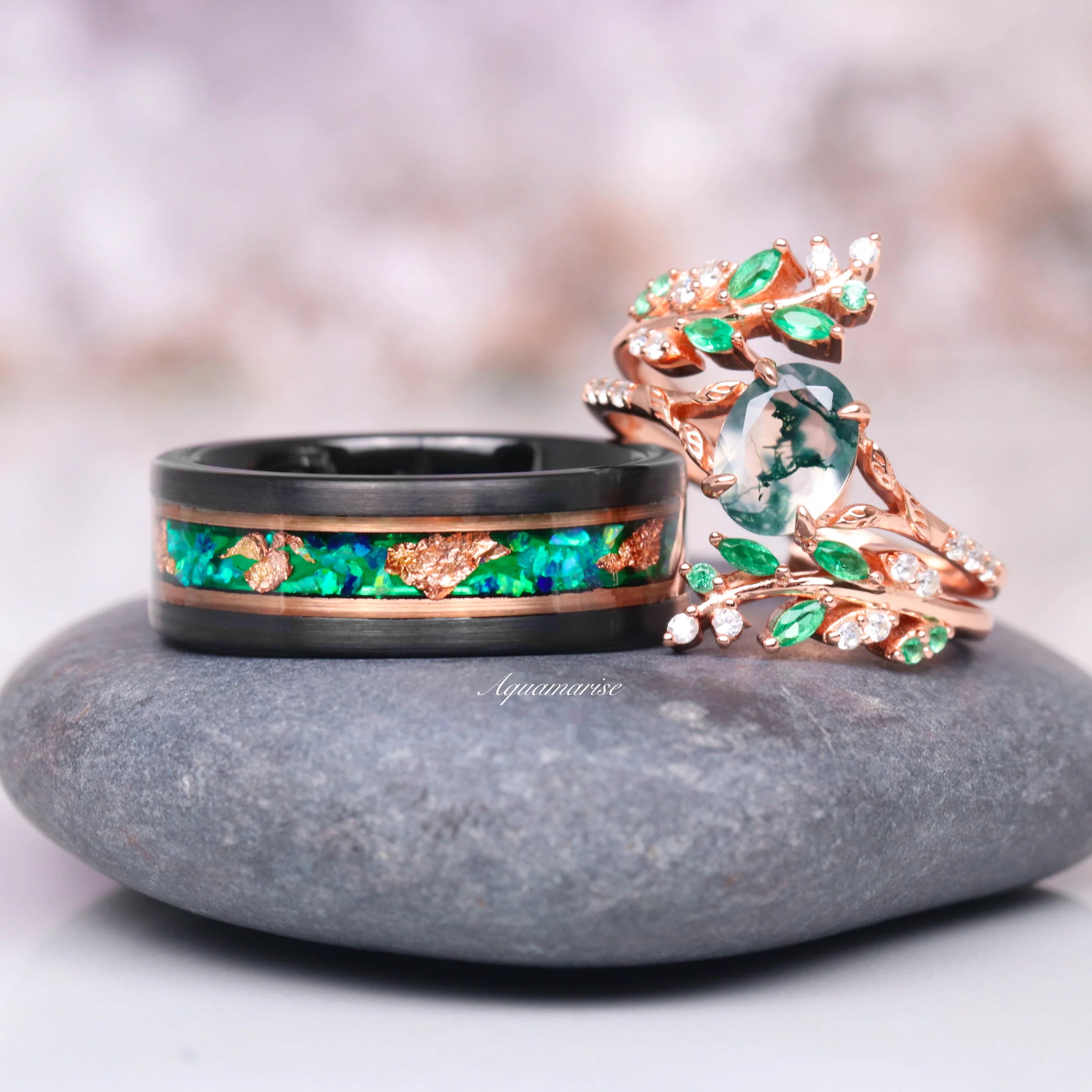 Green Moss Agate Leaf Engagement Ring in 14K Solid Rose Gold - Image 3