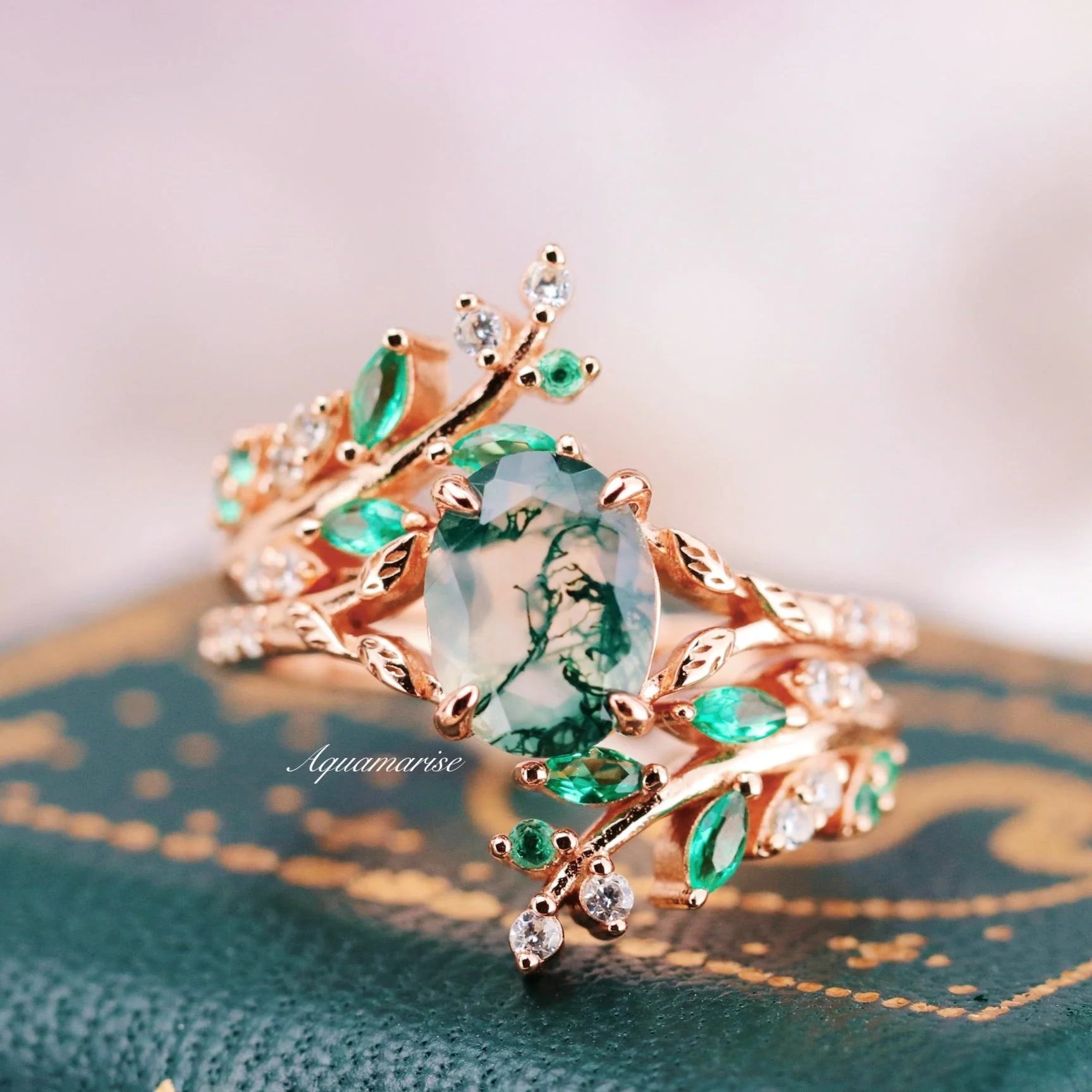 Green Moss Agate Leaf Engagement Ring in 14K Solid Rose Gold - Image 4