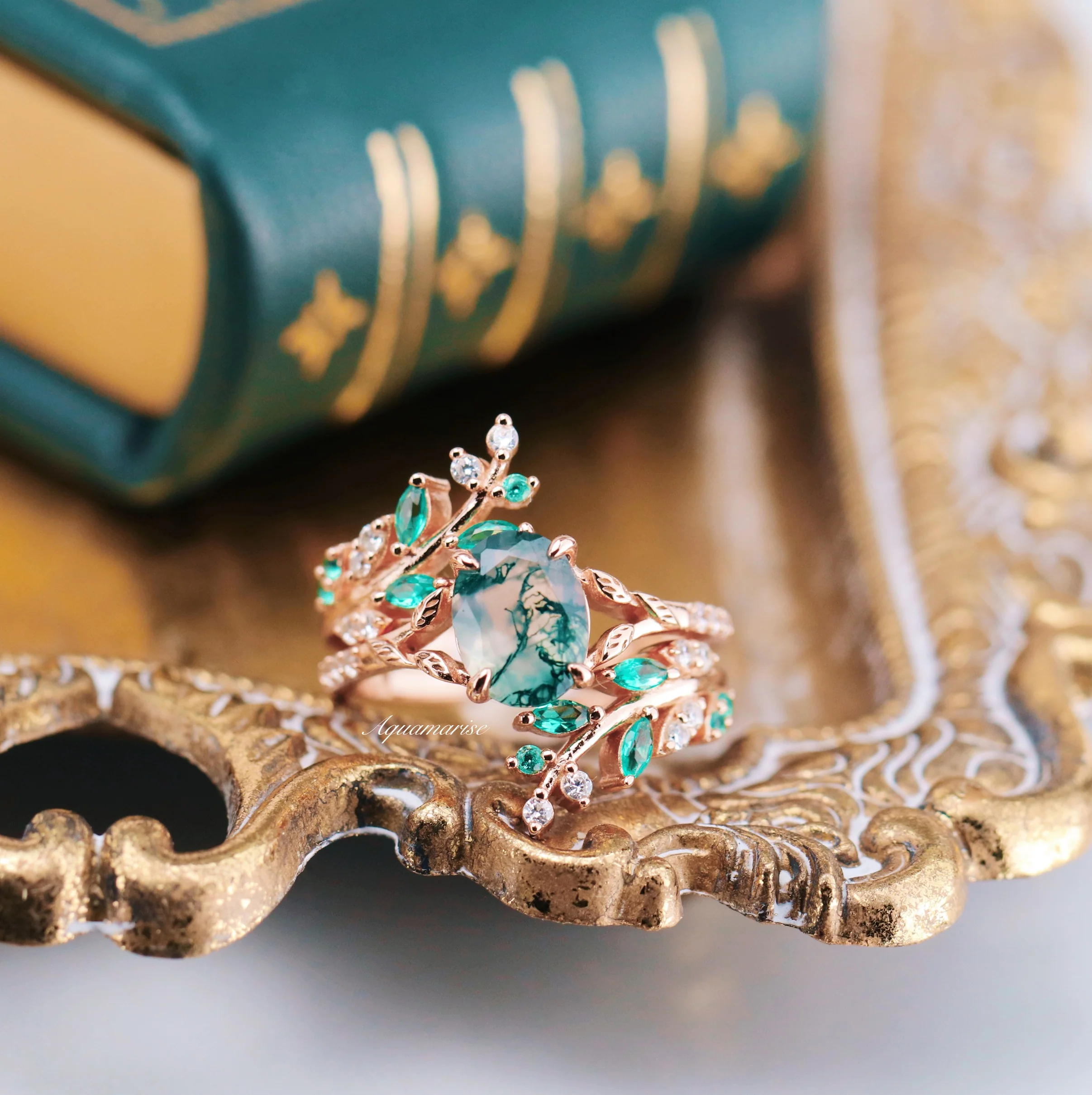 Green Moss Agate Leaf Engagement Ring in 14K Solid Rose Gold - Image 7