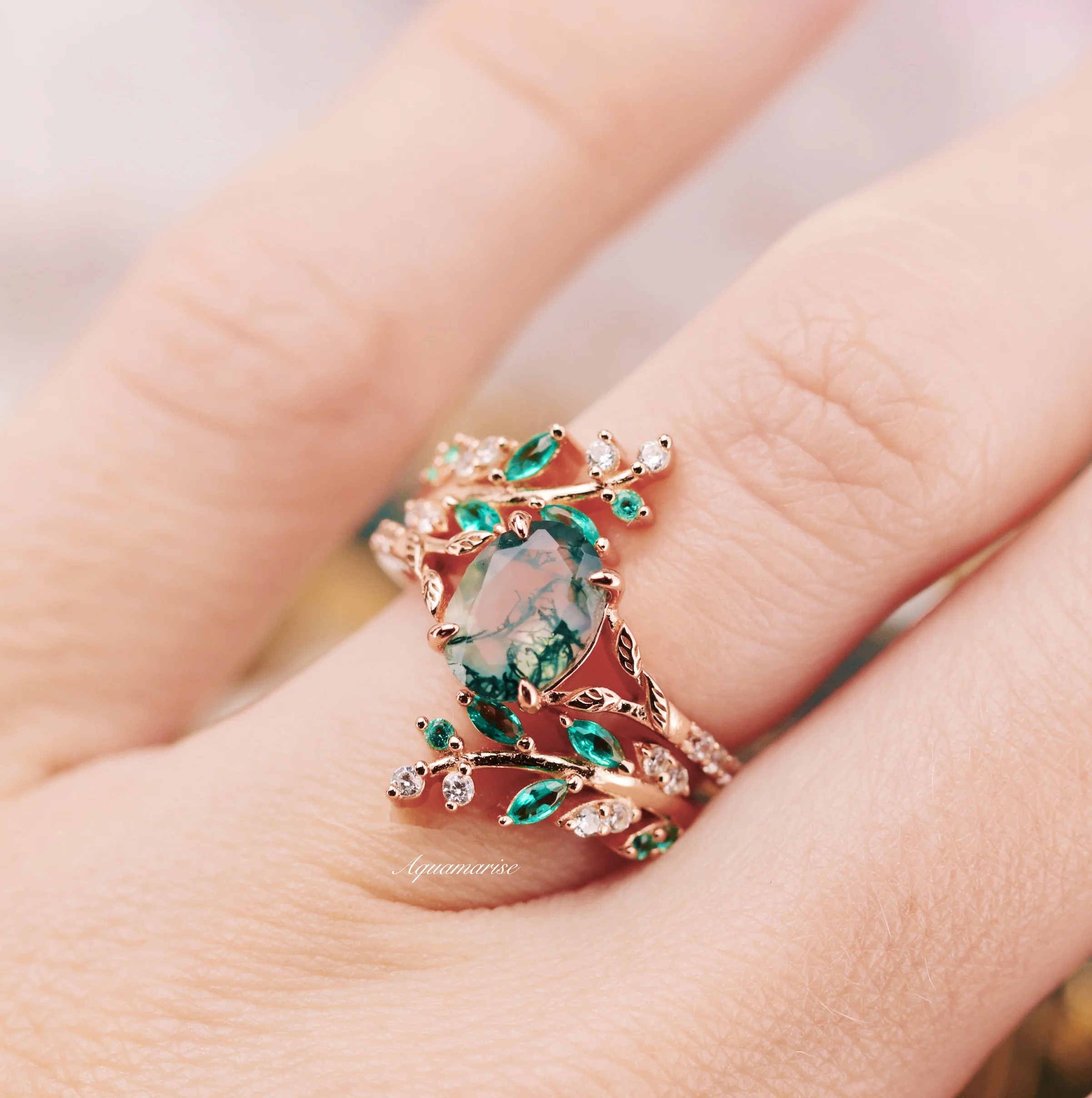 Green Moss Agate Leaf Engagement Ring in 14K Solid Rose Gold - Image 8