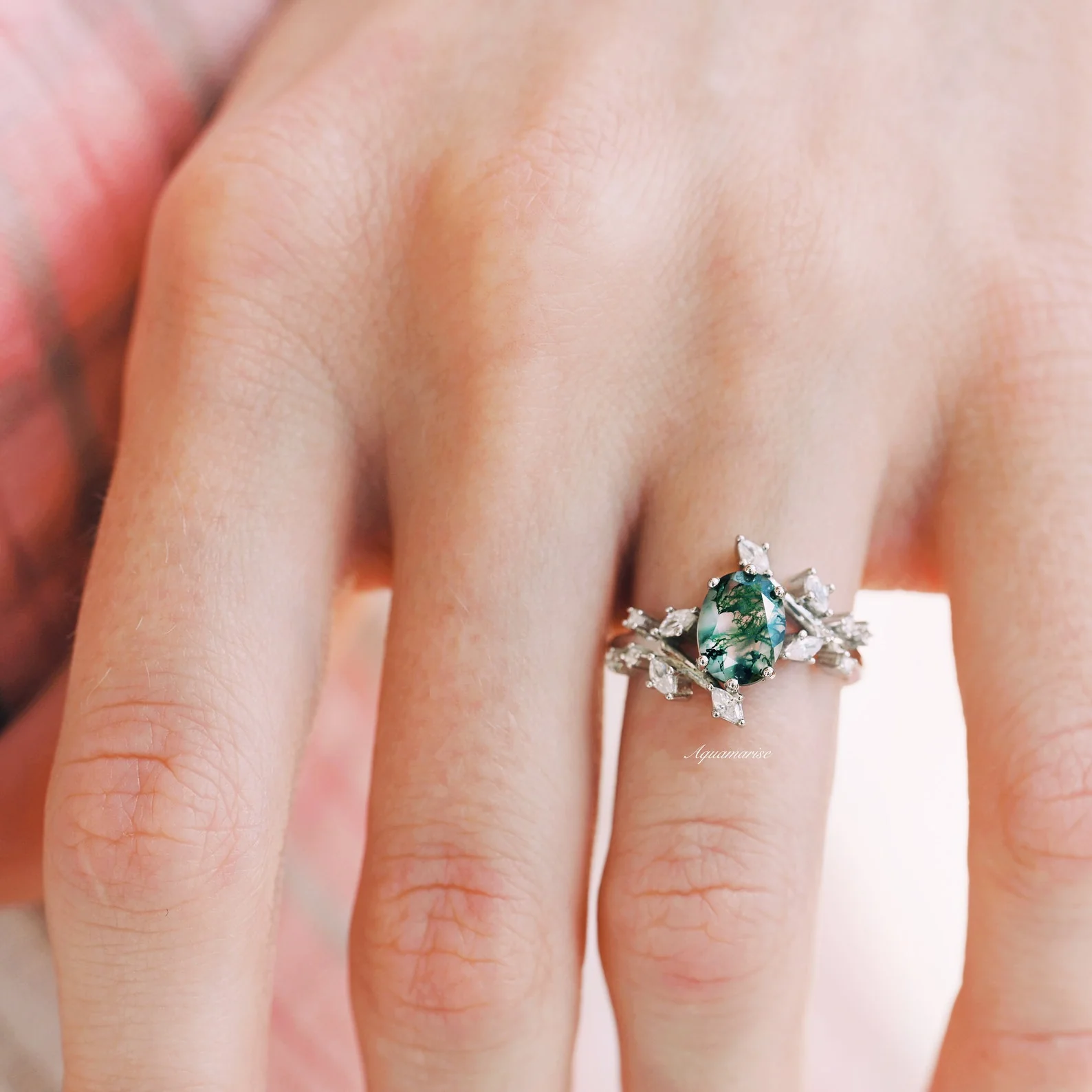 Green Moss Agate Leaf Engagement Ring in 14K White Gold - Image 4