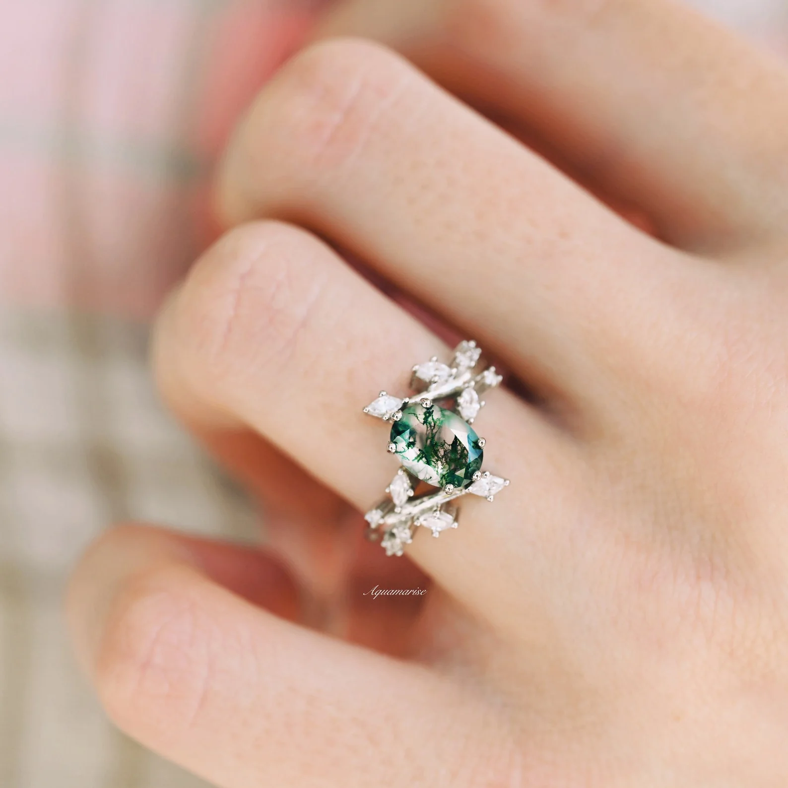 Green Moss Agate Leaf Engagement Ring in 14K White Gold - Image 6