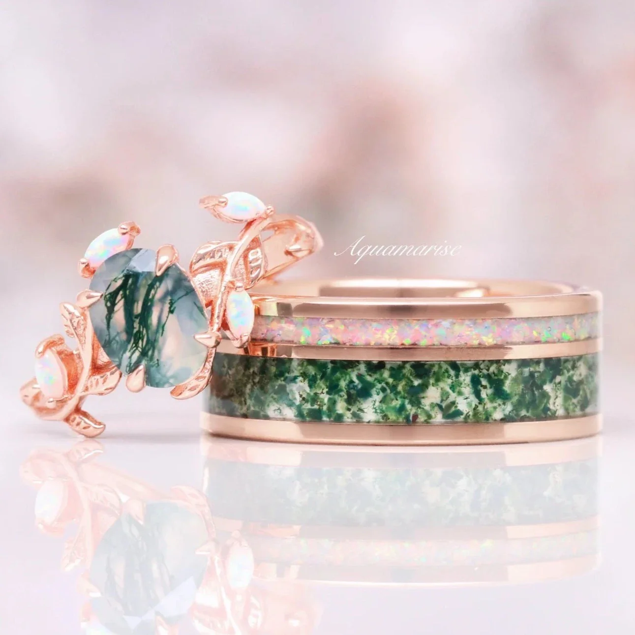 Moss Agate & Fire Opal Couples Ring Set