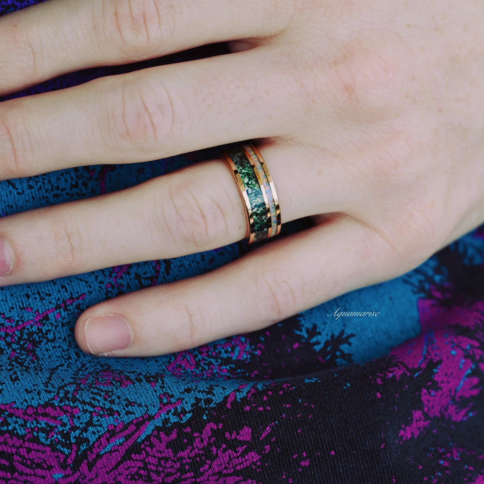 Moss Agate & Fire Opal Couples Ring Set - Image 8