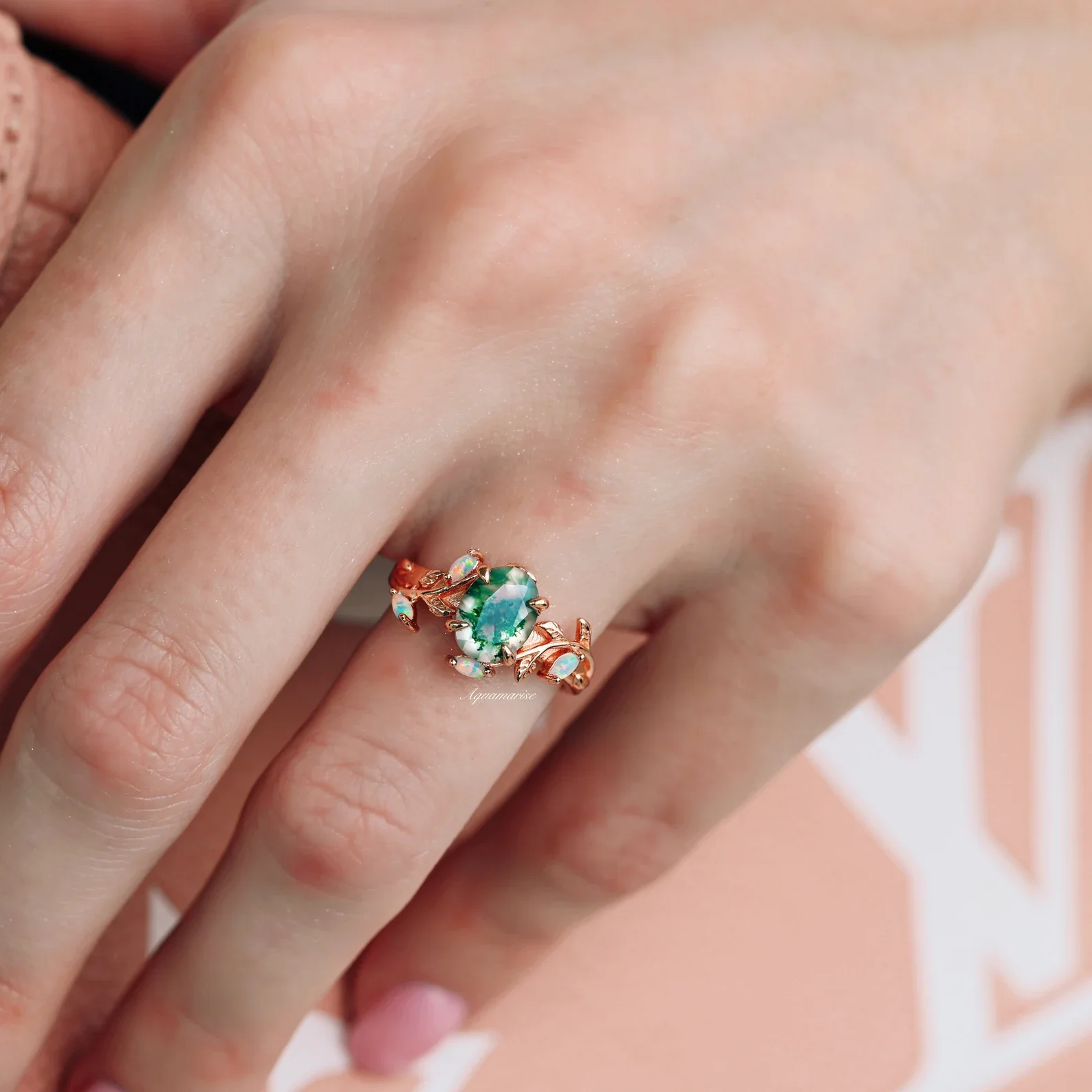 Moss Agate & Fire Opal Leaf Couples Ring Set - Image 5