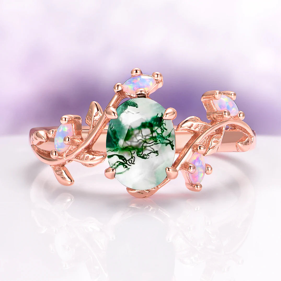 Green Moss Agate and Fire Opal Leaf Engagement Ring in 14K Solid Rose Gold