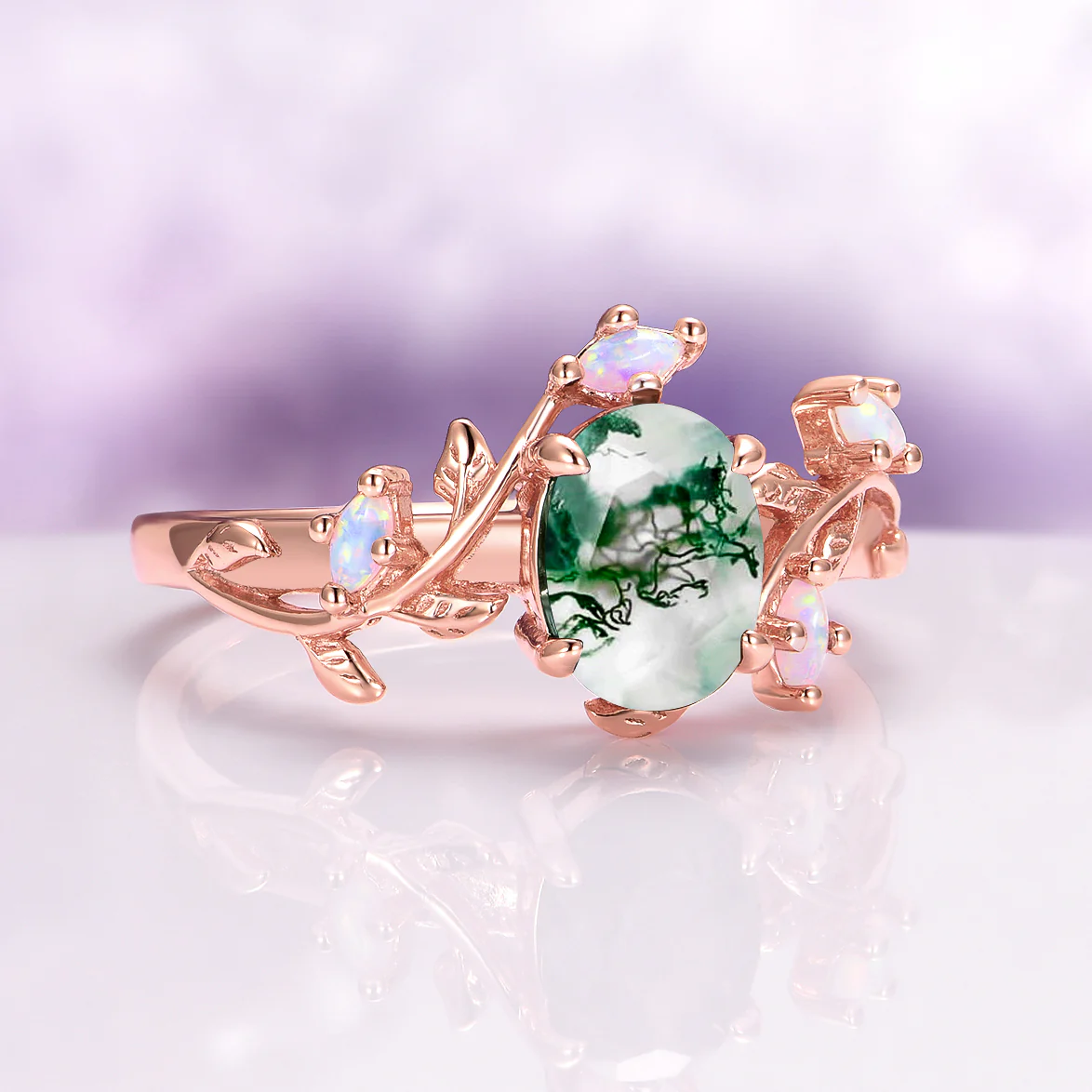 Green Moss Agate and Fire Opal Leaf Engagement Ring in 14K Solid Rose Gold - Image 4