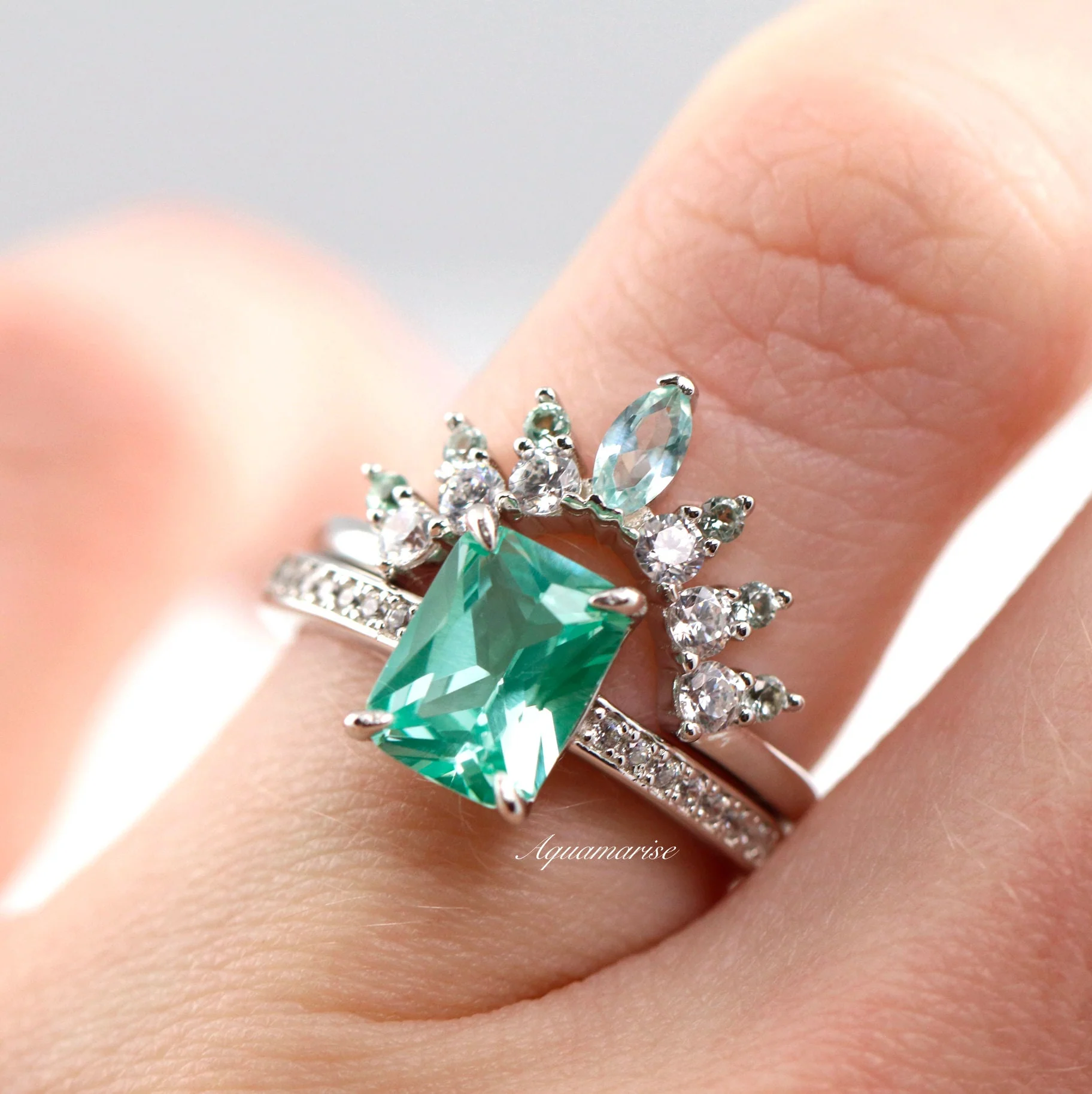 Ava Emerald Cut Mint Green Sapphire Ring in Sterling Silver - Image 3
