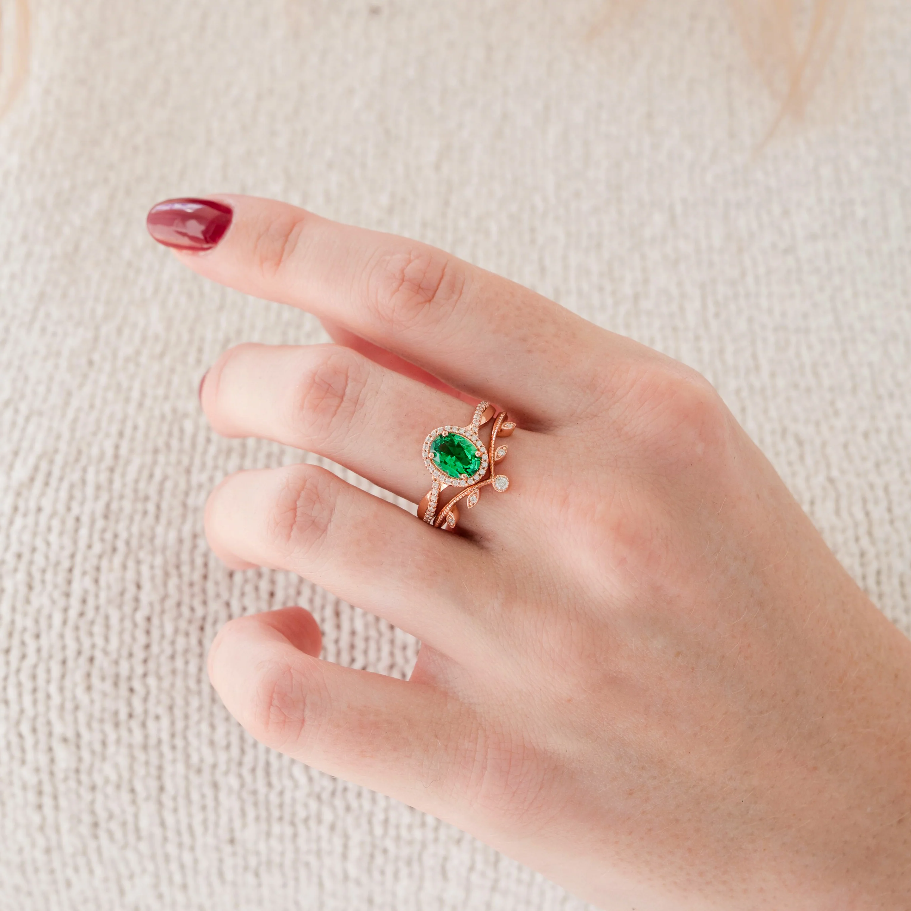 Oval Cut Emerald Leaf Ring Set in 14K Rose Gold Vermeil - Image 4