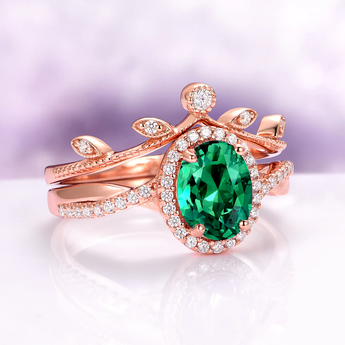 Oval Cut Emerald Leaf Ring Set in 14K Rose Gold Vermeil - Image 5