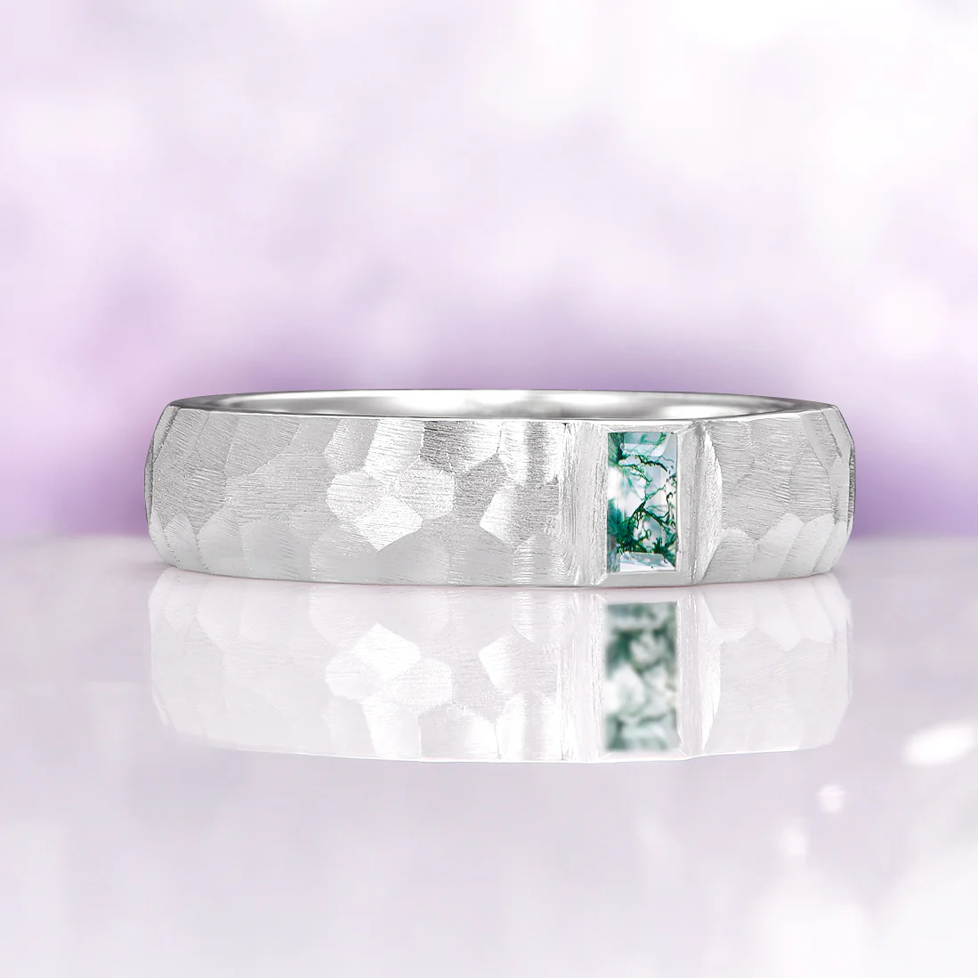 Hammered Moss Agate Wedding Band in 14K White Gold (5.5mm) - Image 6