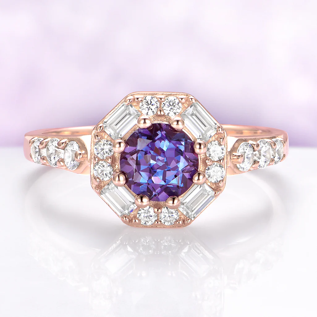 Hexagon Alexandrite Halo Ring in 14K Rose Gold Vermeil