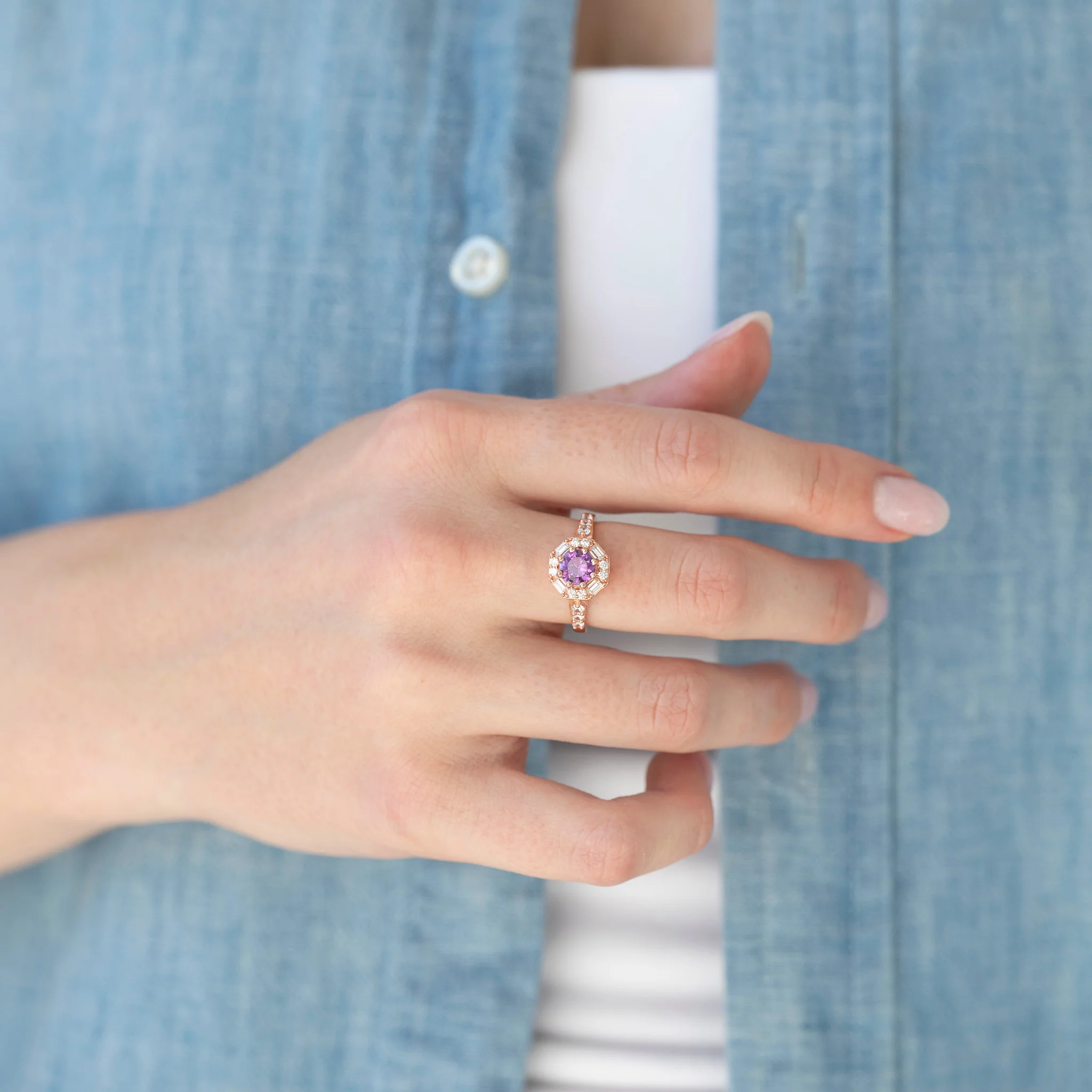 Hexagon Alexandrite Halo Ring in 14K Rose Gold Vermeil - Image 3