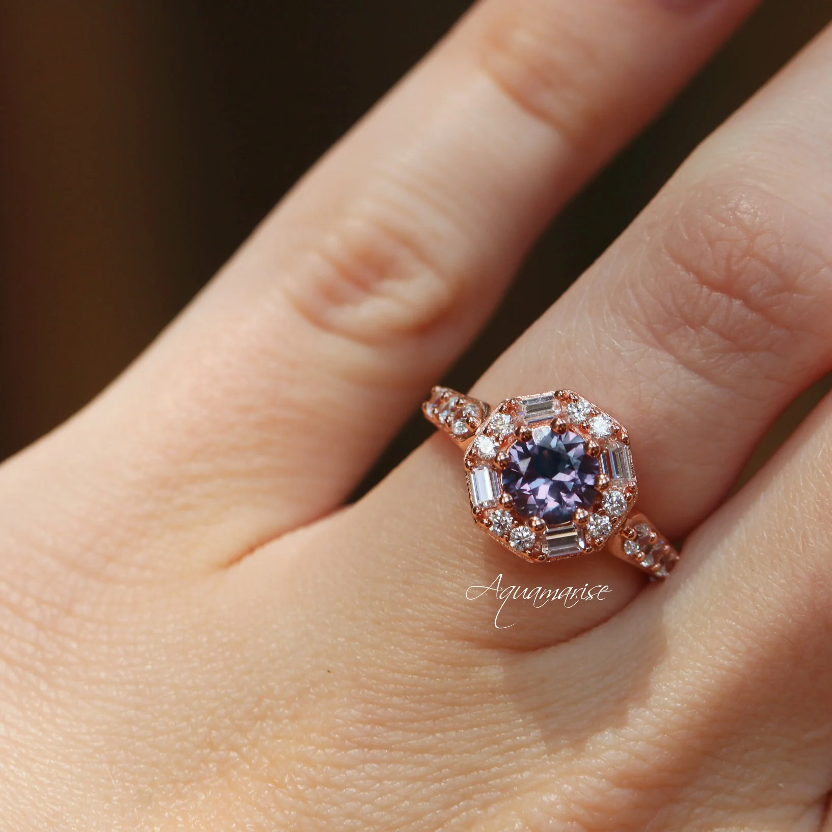 Hexagon Alexandrite Halo Ring in 14K Rose Gold Vermeil - Image 4