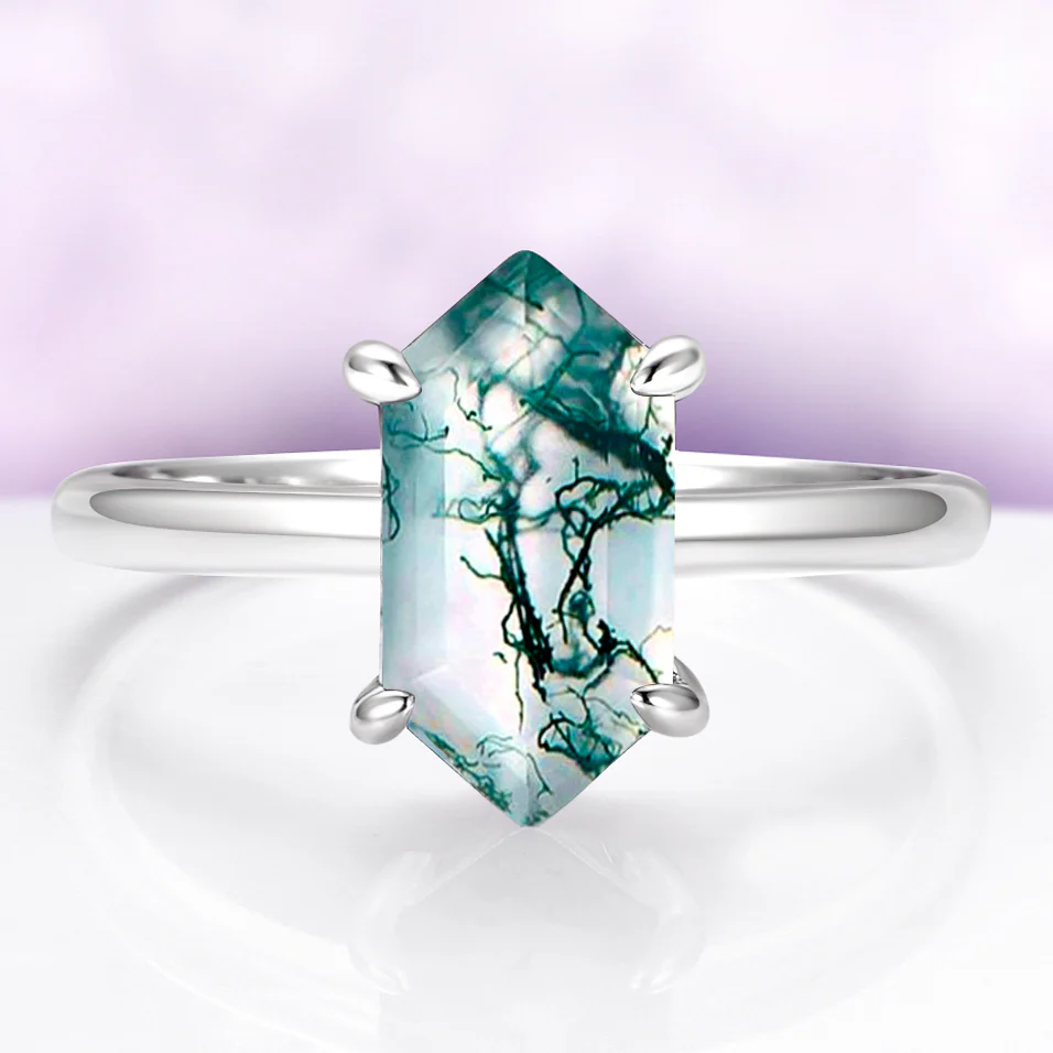 Hexagon Green Moss Agate Ring in Sterling Silver